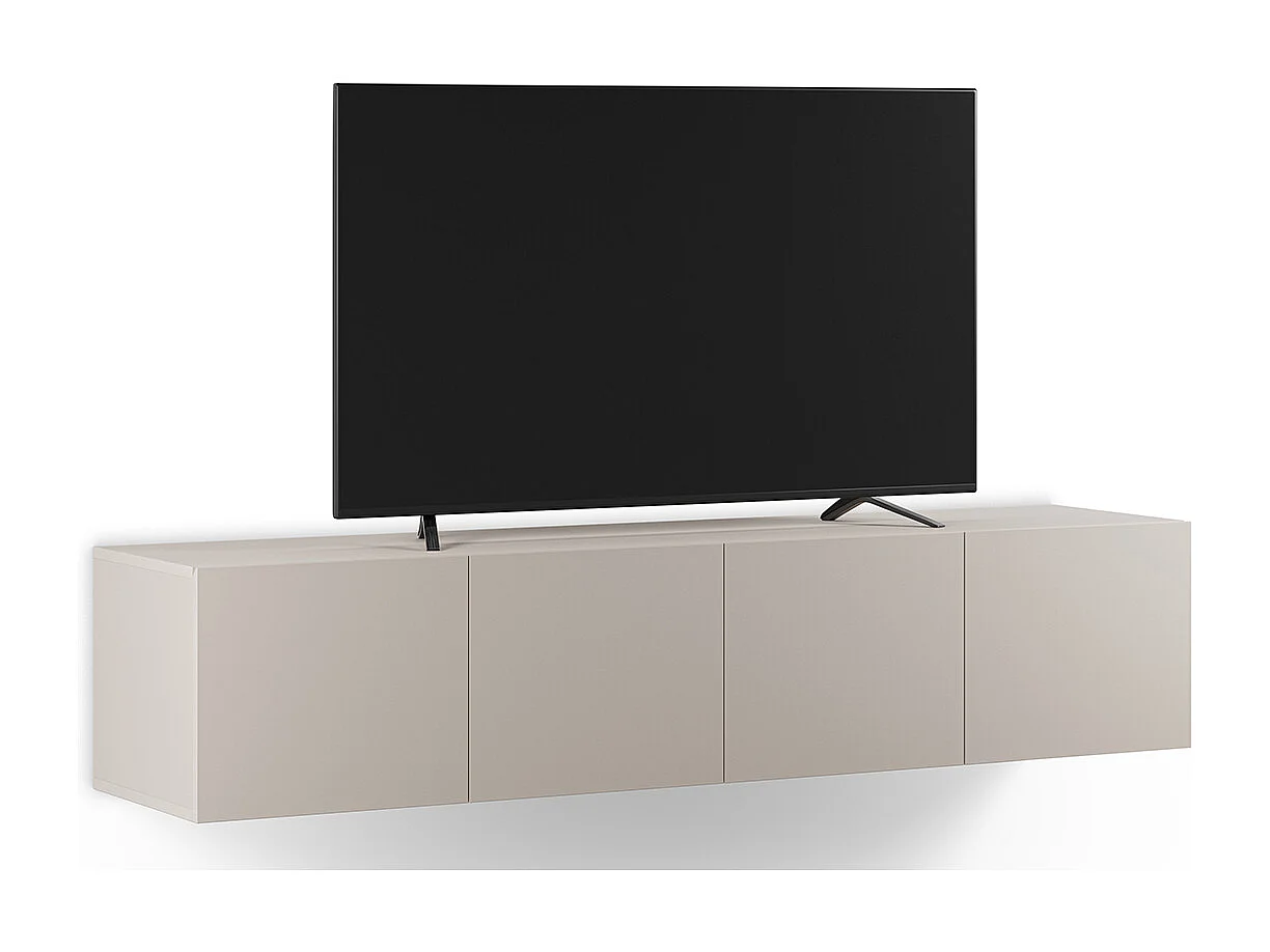 Meuble TV, Meuble de salon avec 4 portes aspect bois coloris crème - Longueur 180 x Profondeur 35 x Hauteur 38 cm