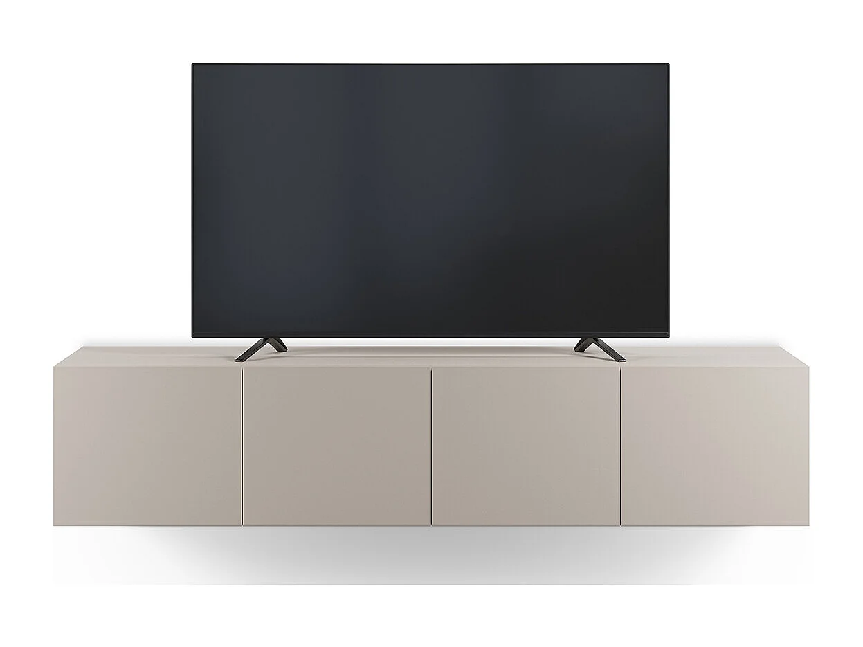 Meuble TV, Meuble de salon avec 4 portes aspect bois coloris crème - Longueur 180 x Profondeur 35 x Hauteur 38 cm