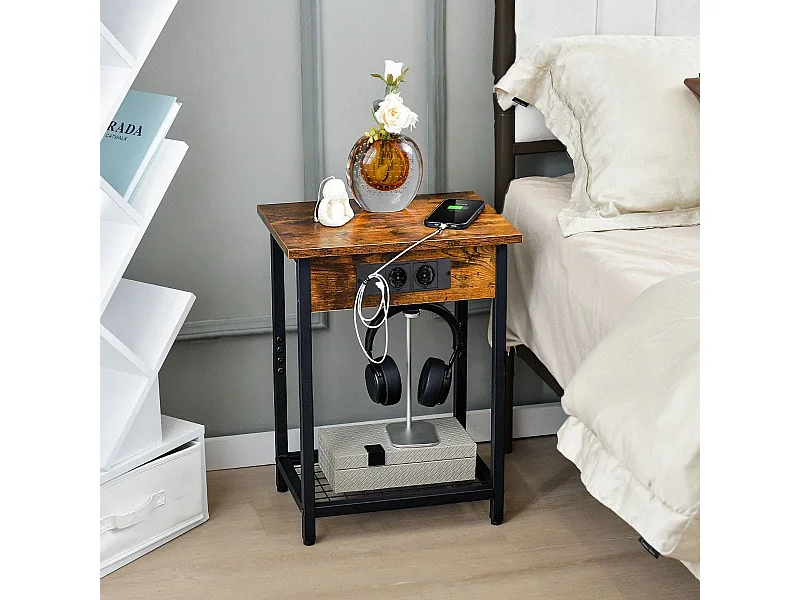 Lot de 2 Tables de Chevet avec Station de Charge & Étagère Ouverte Table D'appoint à 2 Niveaux 2 Ports 2 Usb Pour Salon Chambre Café