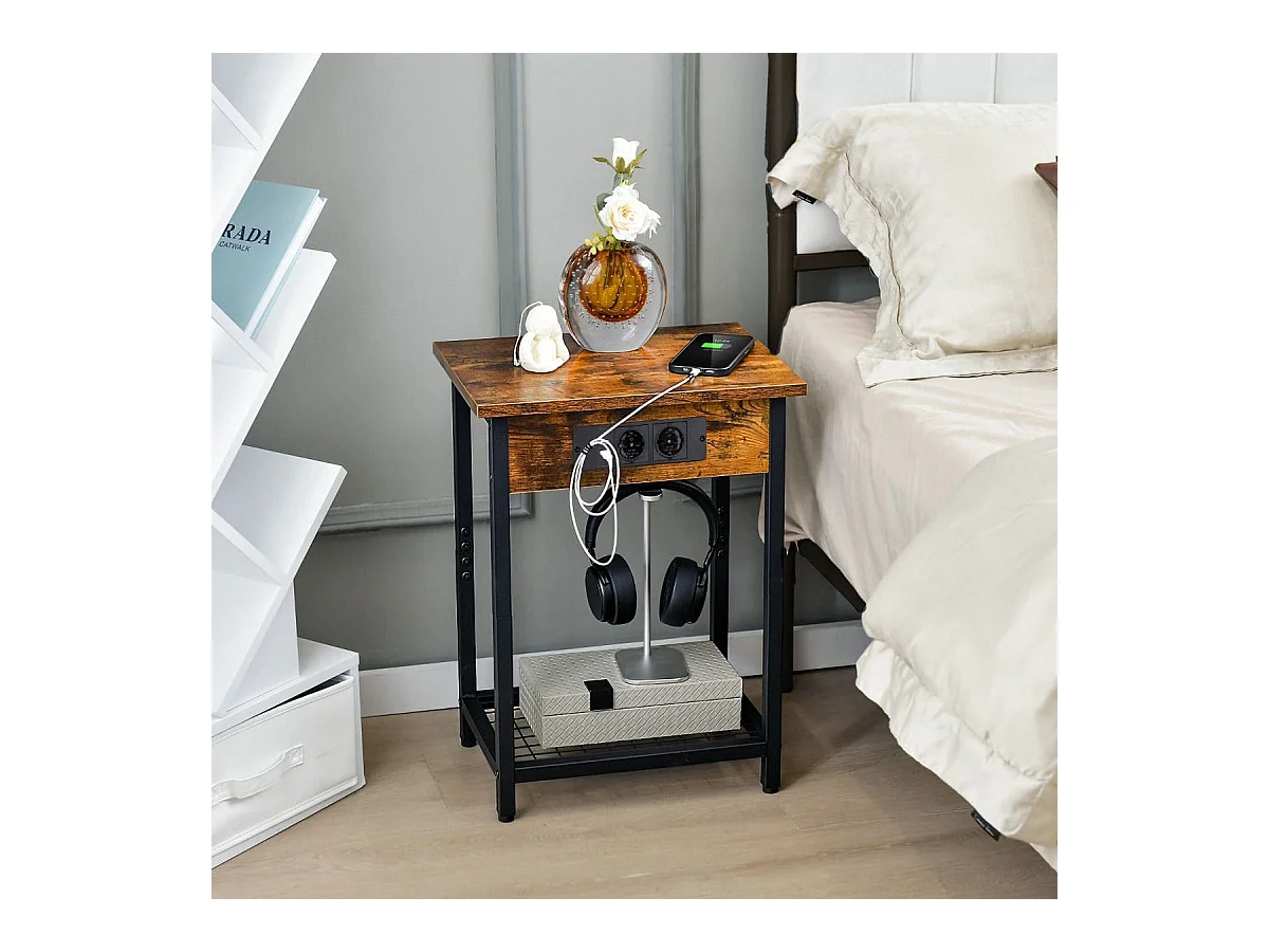 Lot de 2 Tables de Chevet avec Station de Charge & Étagère Ouverte Table D'appoint à 2 Niveaux 2 Ports 2 Usb Pour Salon Chambre Café