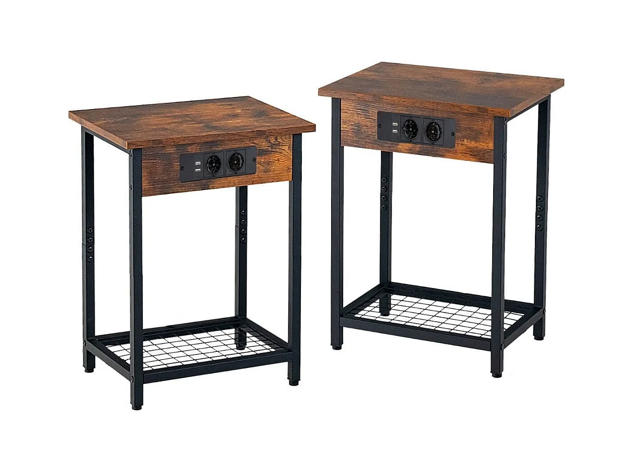 Lot de 2 Tables de Chevet avec Station de Charge & Étagère Ouverte Table D'appoint à 2 Niveaux 2 Ports 2 Usb Pour Salon Chambre Café