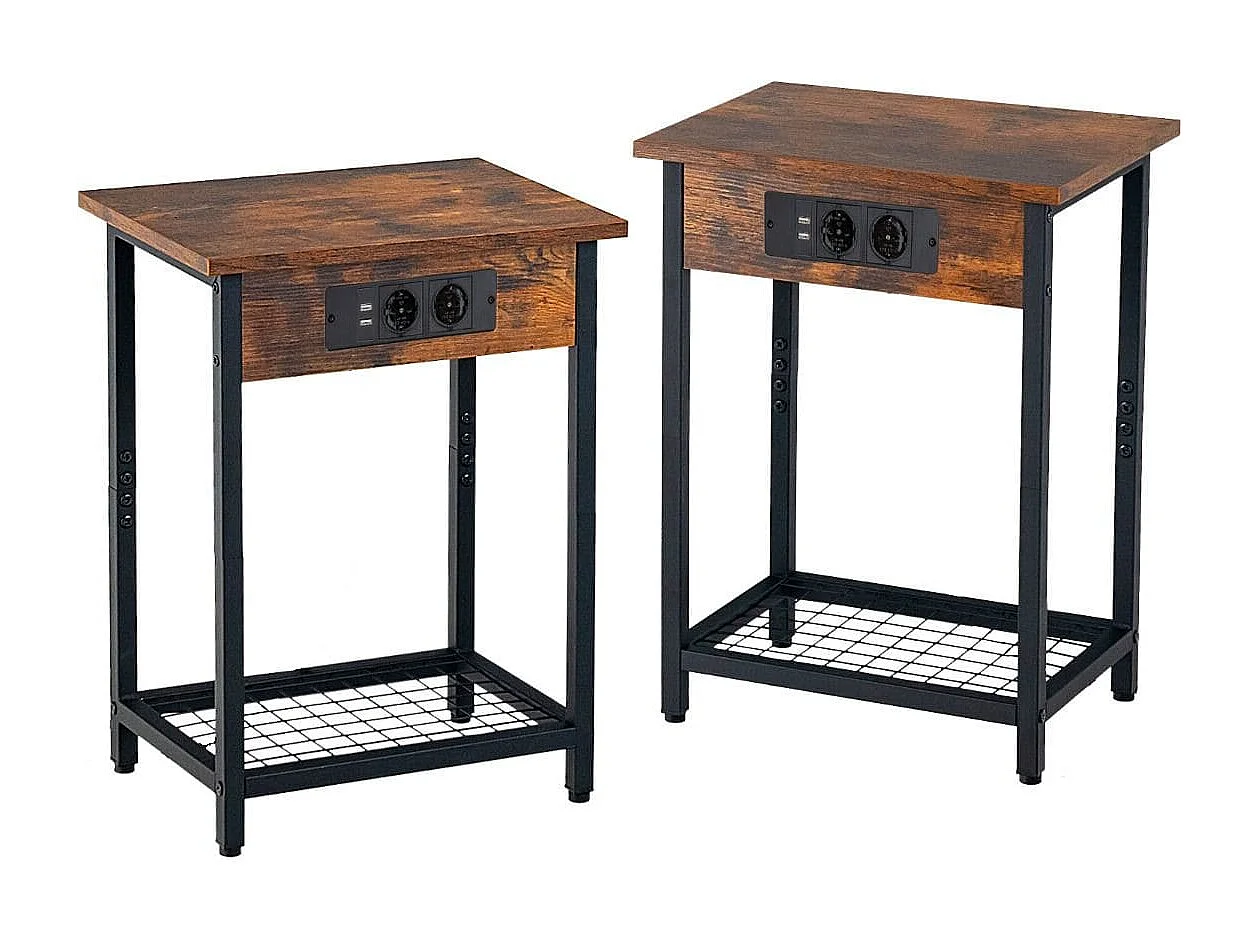 Lot de 2 Tables de Chevet avec Station de Charge & Étagère Ouverte Table D'appoint à 2 Niveaux 2 Ports 2 Usb Pour Salon Chambre Café