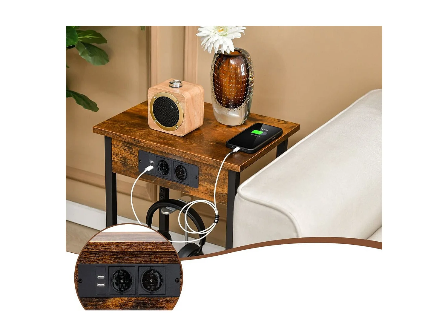 Lot de 2 Tables de Chevet avec Station de Charge & Étagère Ouverte Table D'appoint à 2 Niveaux 2 Ports 2 Usb Pour Salon Chambre Café