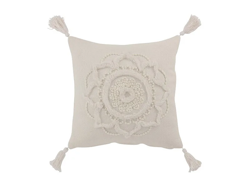Coussin Déco Pompons "Bord Floches" 45x45cm Blanc