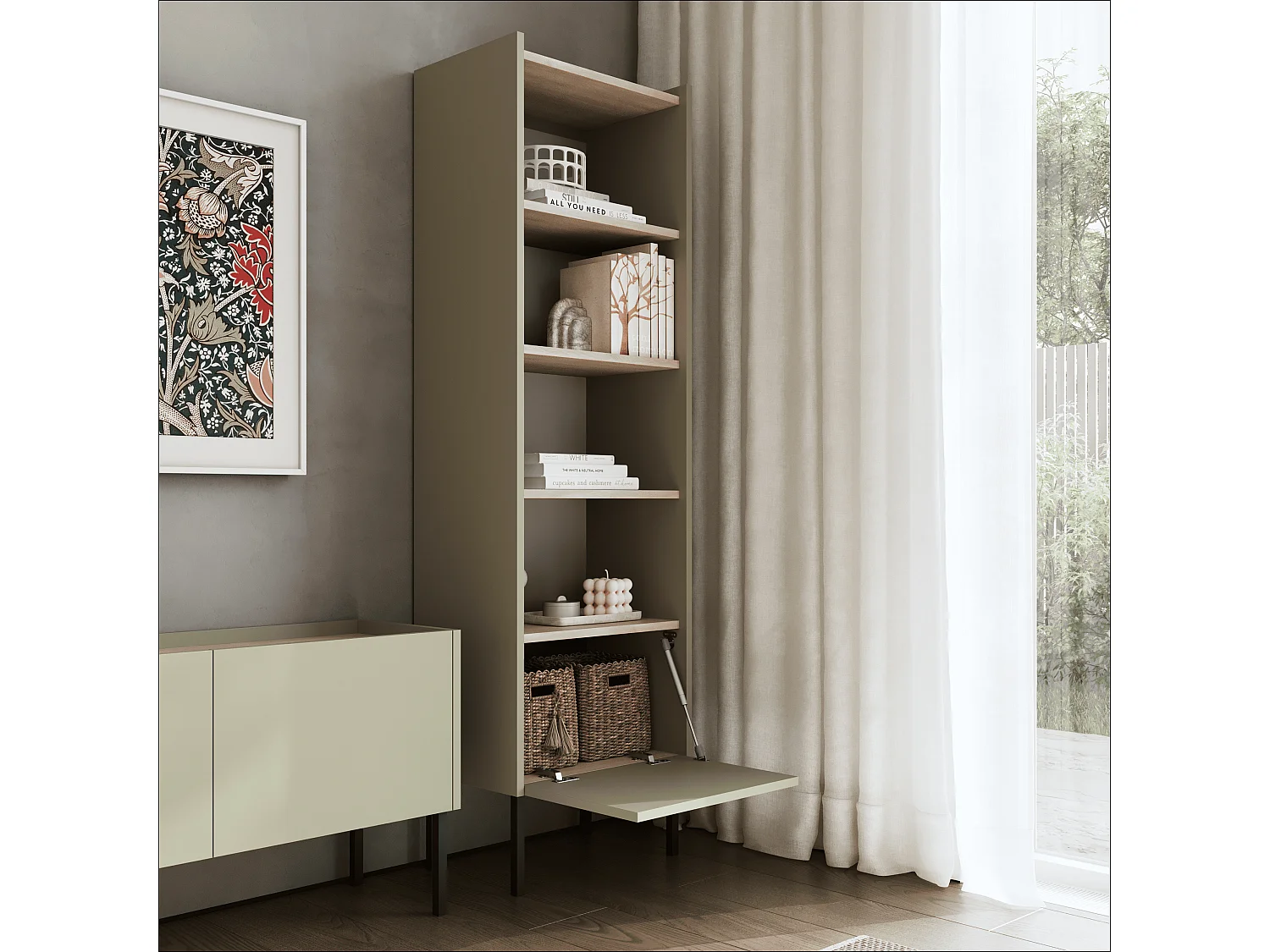 Étagère 50 x 35 x 173 cm - Étagère sur pied avec compartiments ouverts et portes - Bibliothèque - Pieds en métal - Plaque Egger - Salon ou bureau - Mat