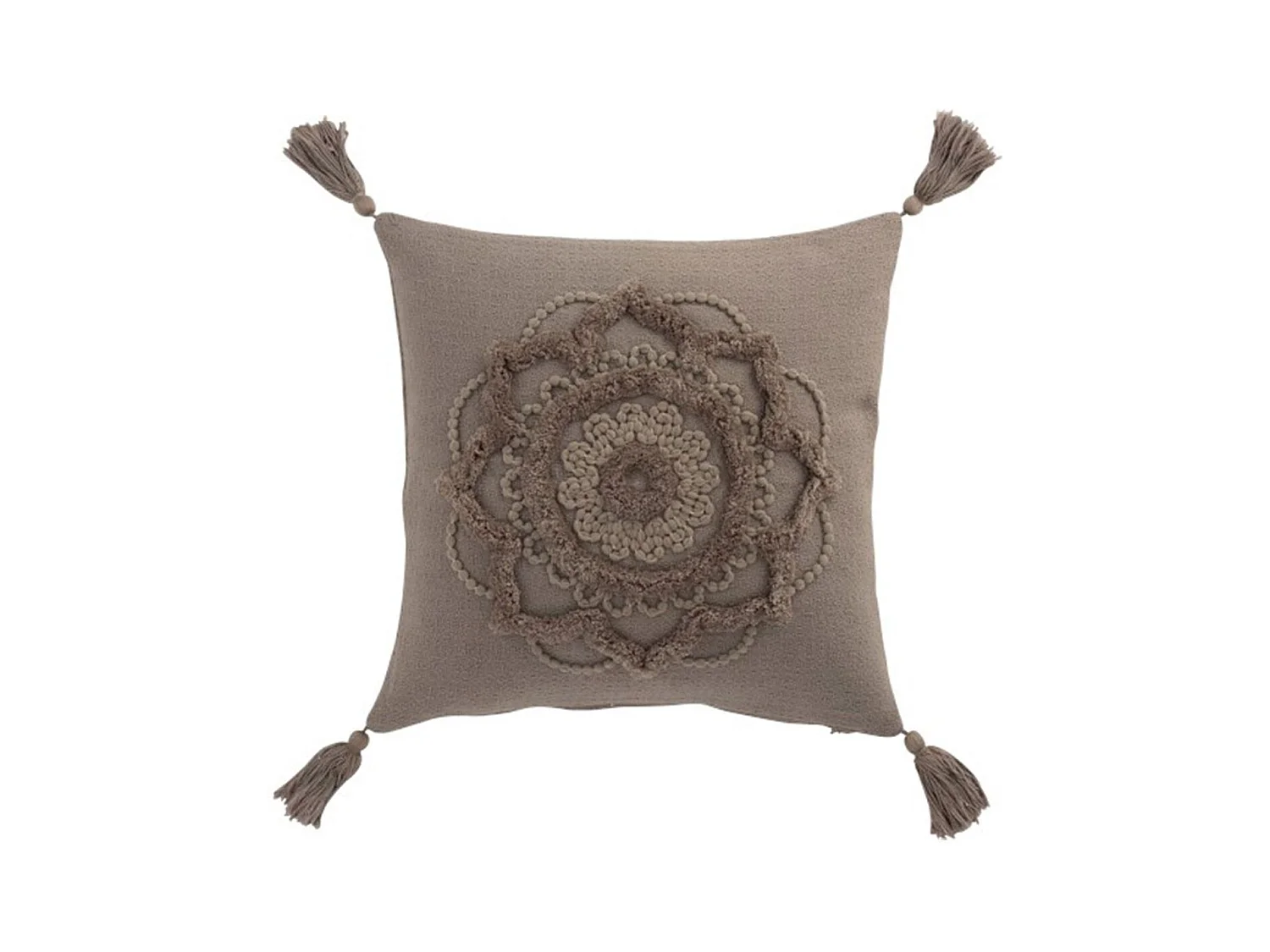 Coussin Déco Pompons "Bord Floches" 45x45cm Taupe