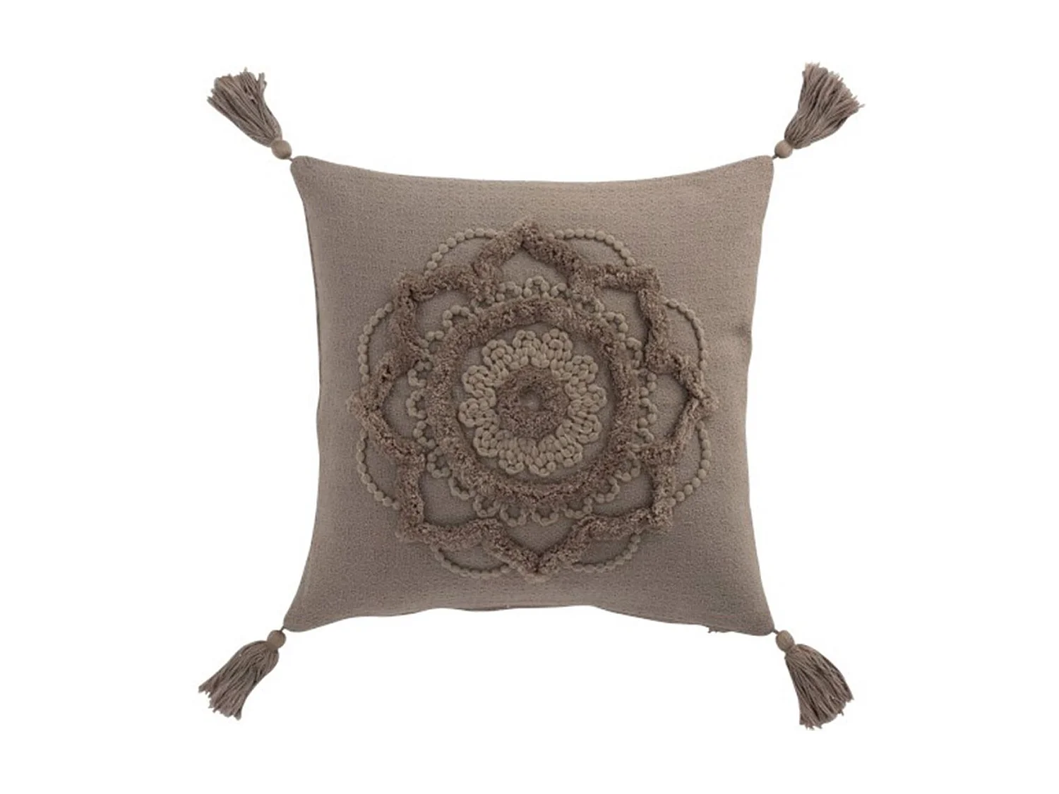 Coussin Déco Pompons "Bord Floches" 45x45cm Taupe