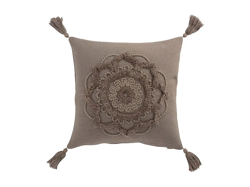 Coussin Déco Pompons "Bord Floches" 45x45cm Taupe