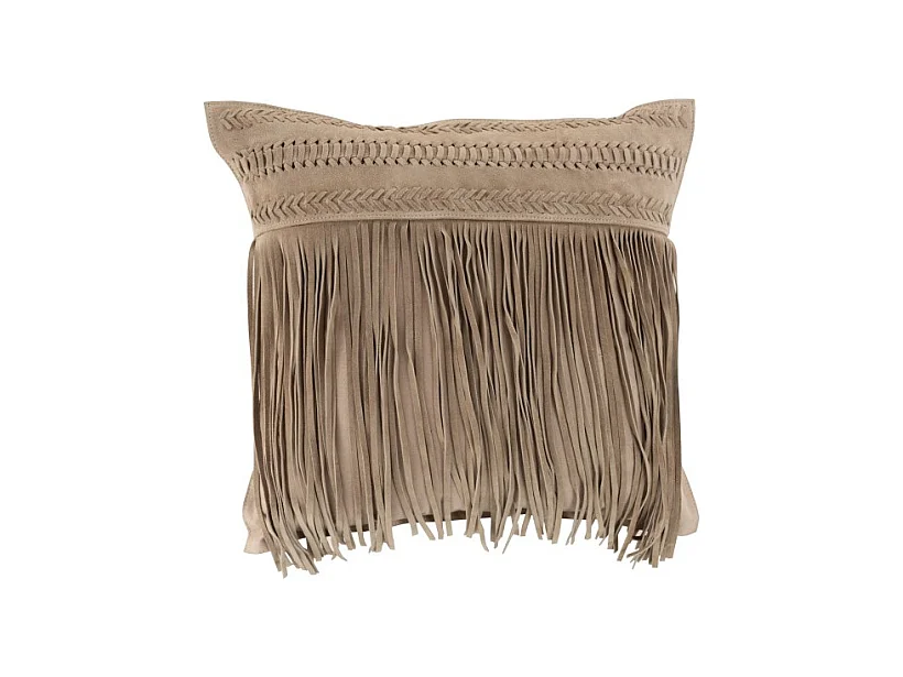 Coussin à Franges en Cuir "India" 45cm Gris Clair