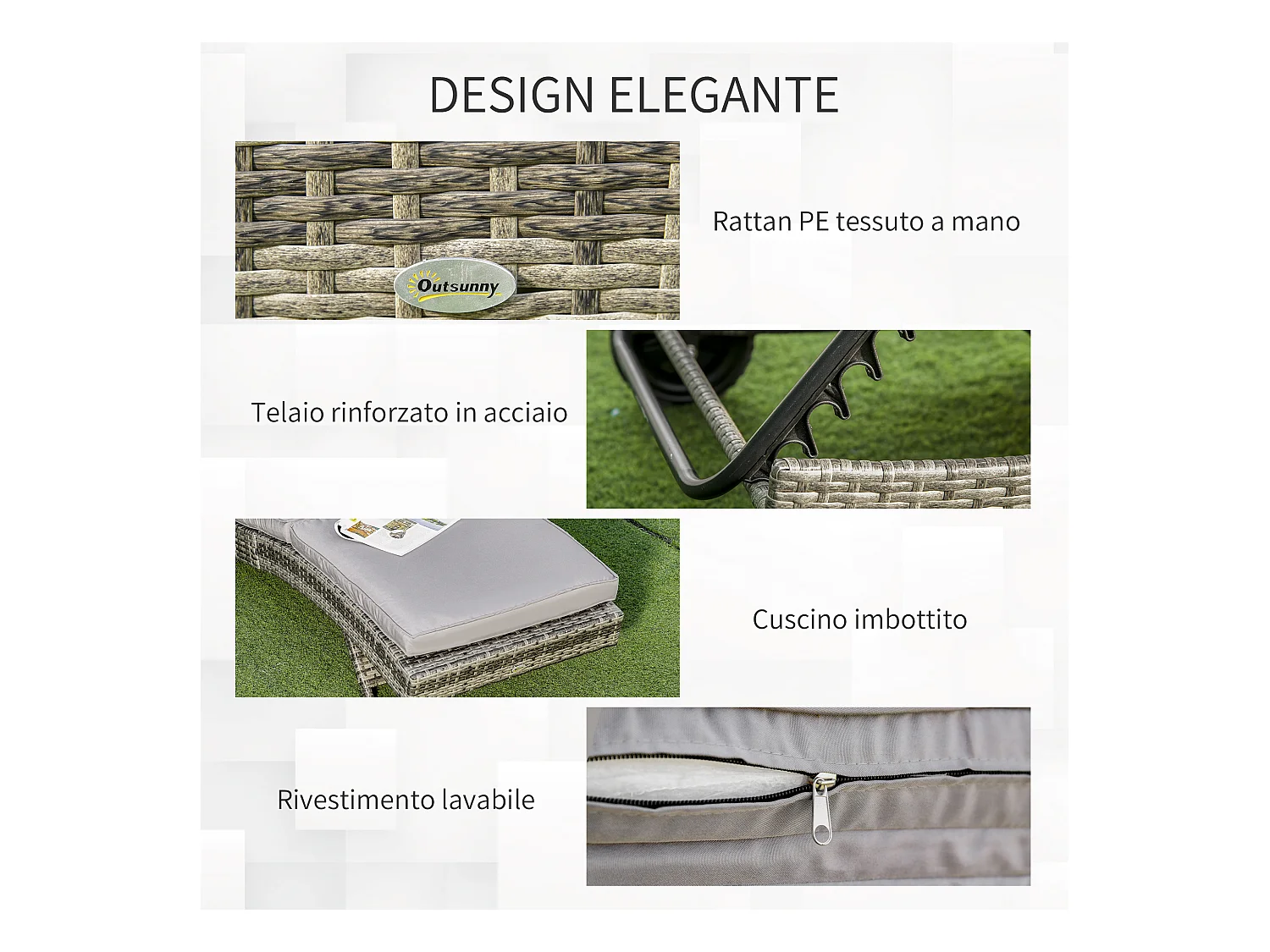 Sdraio da giardino con schienale reclinabile in rattan grigio