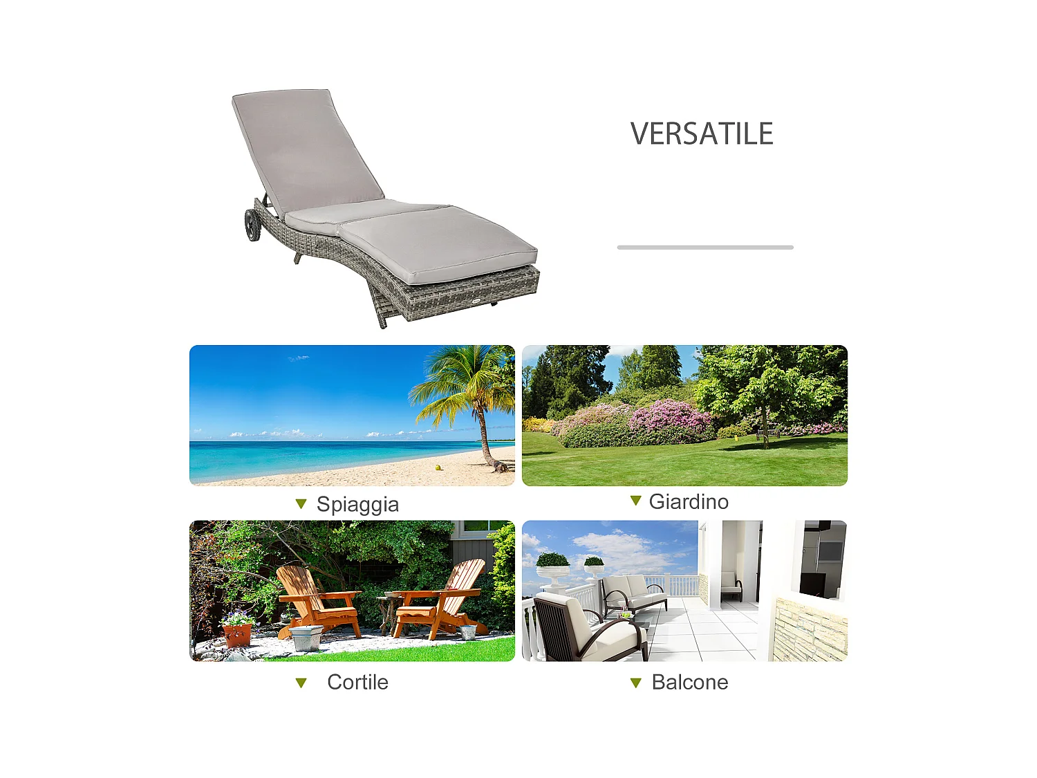 Sdraio da giardino con schienale reclinabile in rattan grigio