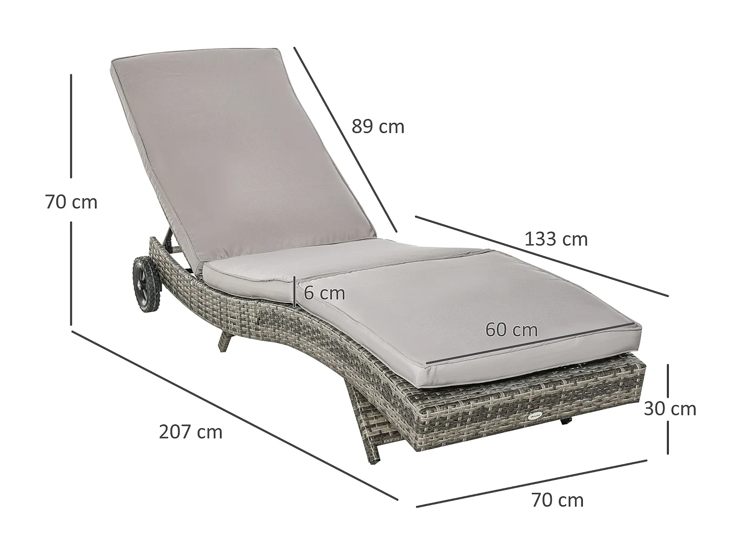 Sdraio da giardino con schienale reclinabile in rattan grigio