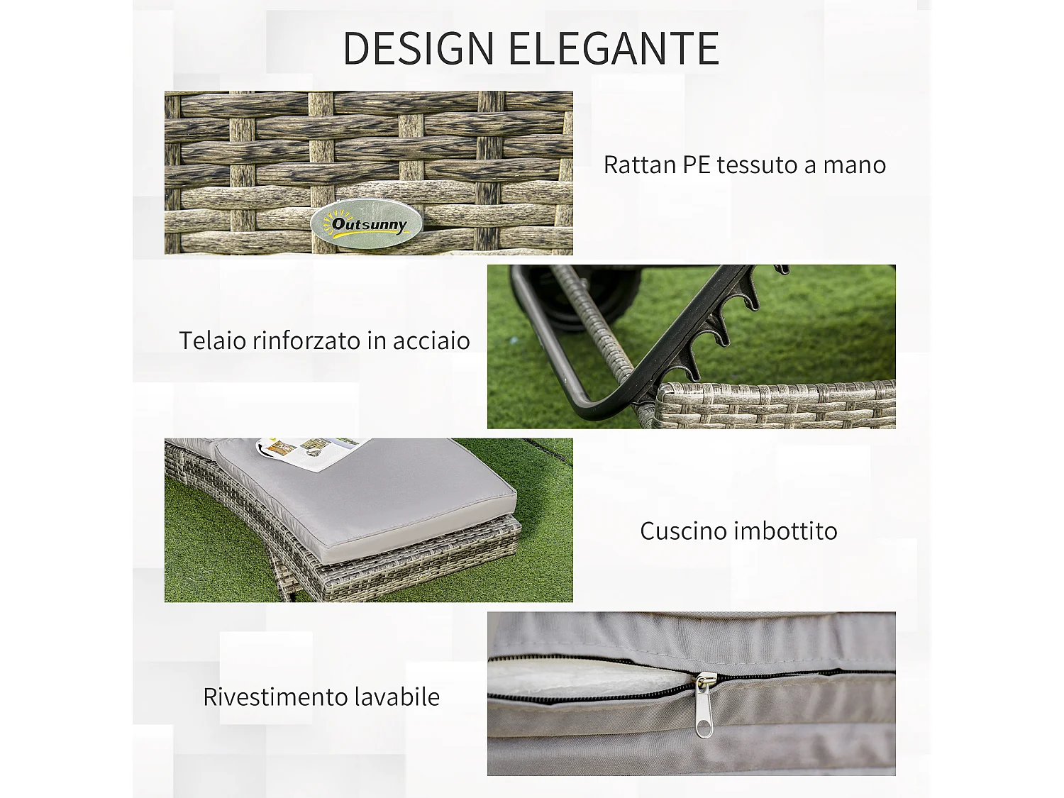 Sdraio da giardino con schienale reclinabile in rattan grigio