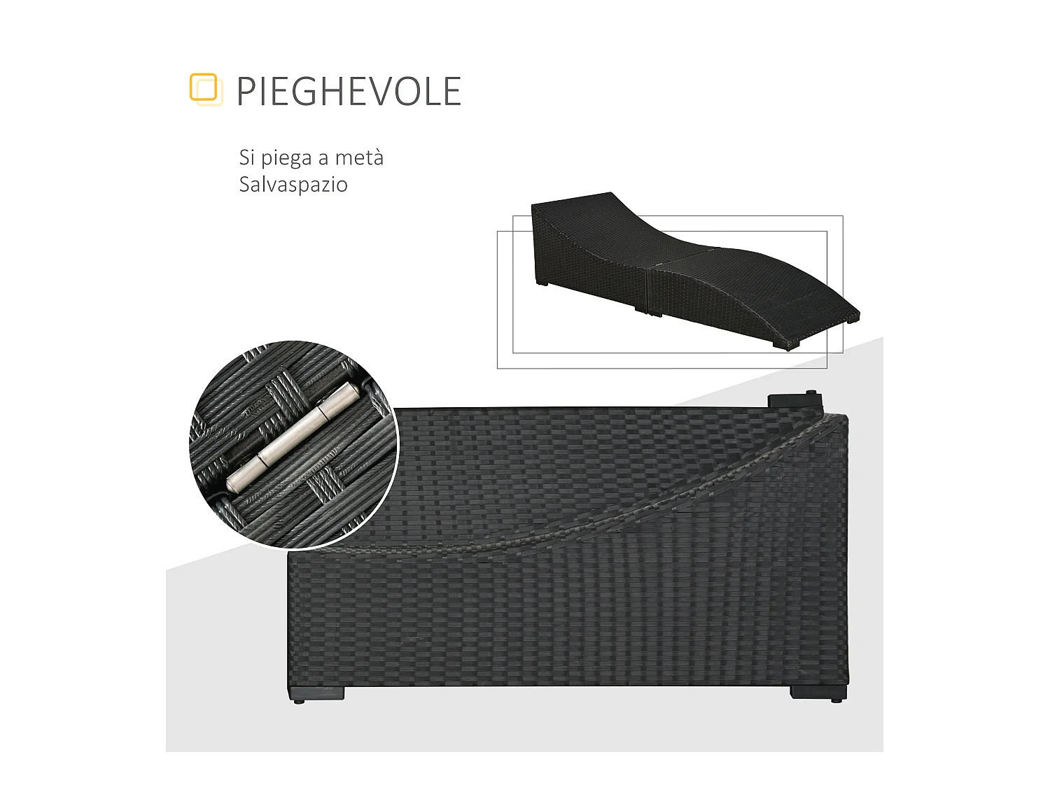 Lettino prendisole pieghevole con cuscino in rattan pe nero