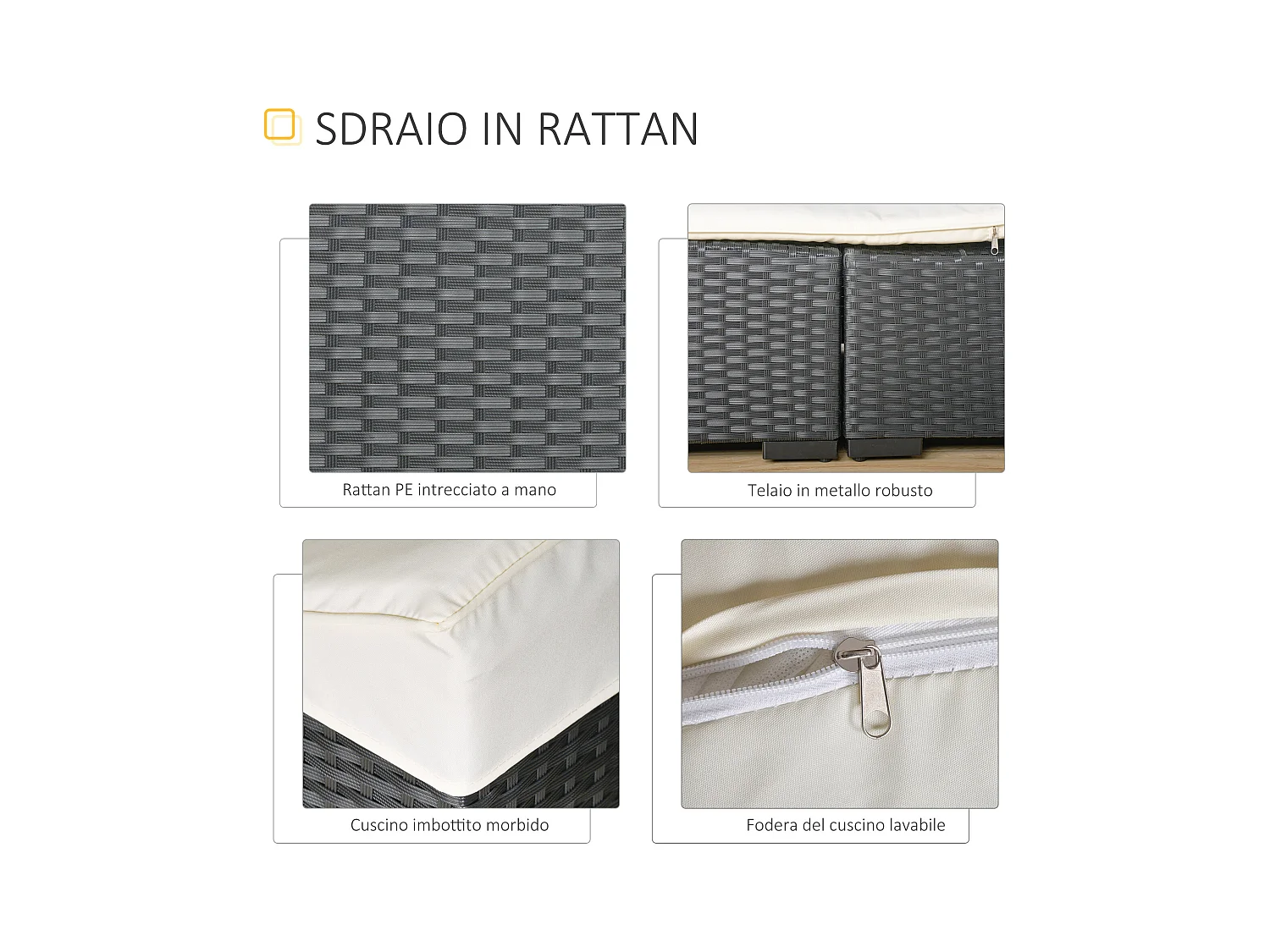 Lettino prendisole pieghevole con cuscino in rattan pe nero