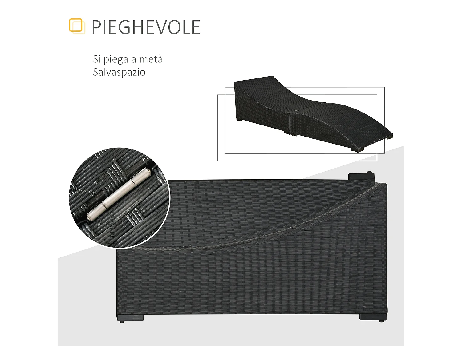 Lettino prendisole pieghevole con cuscino in rattan pe nero