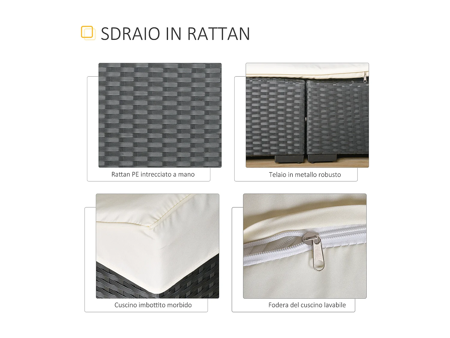 Lettino prendisole pieghevole con cuscino in rattan pe nero