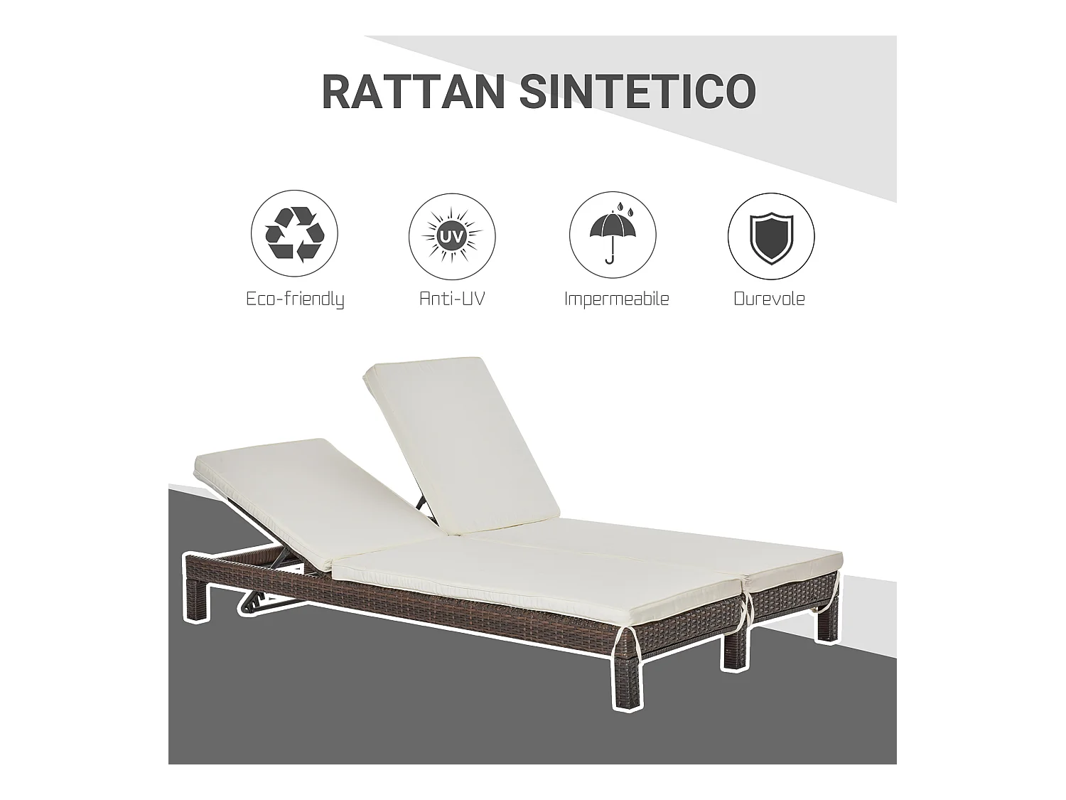 Lettino prendisole a 2 posti sdraio in acciaio e rattan marrone