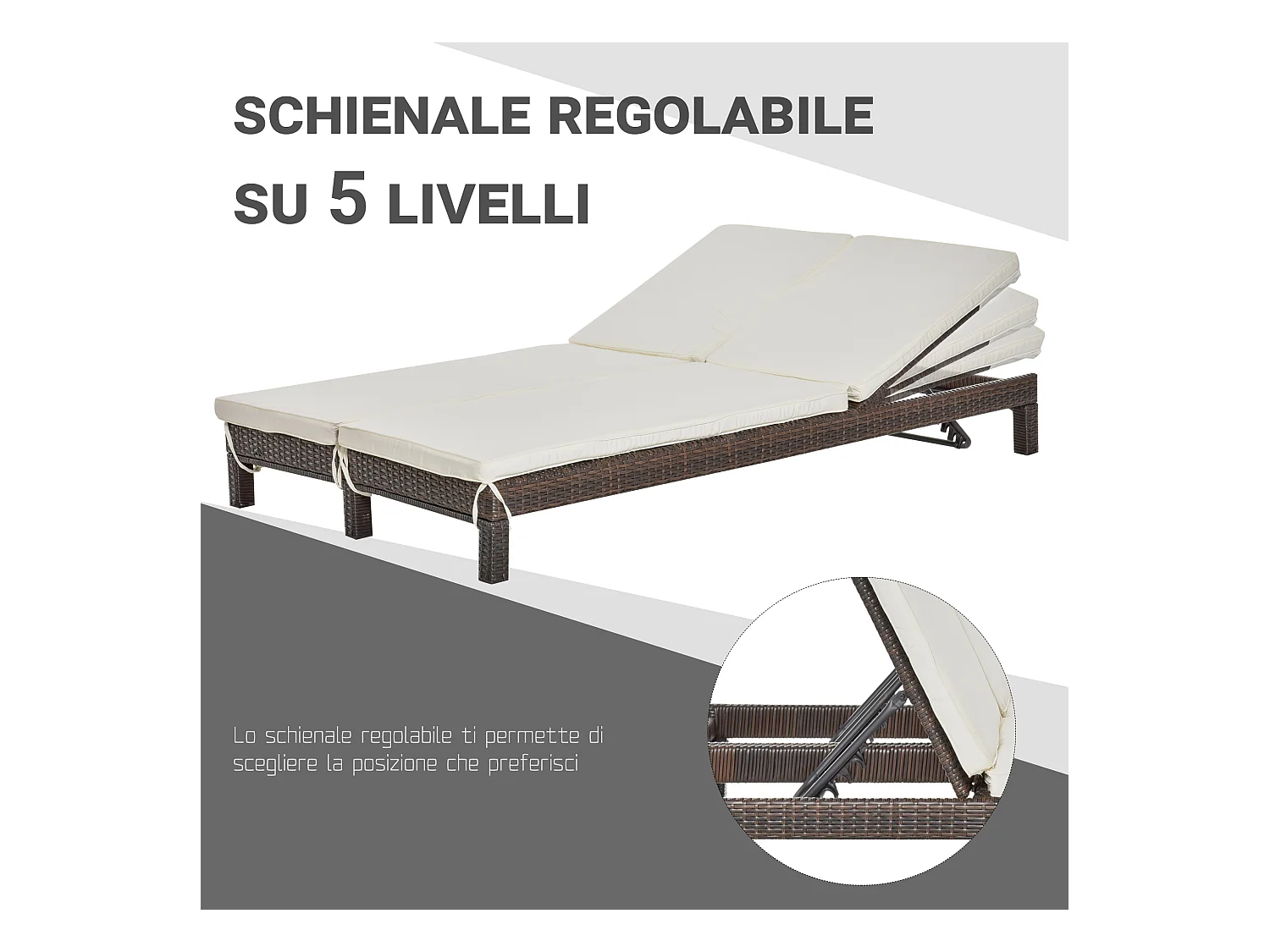 Lettino prendisole a 2 posti sdraio in acciaio e rattan marrone