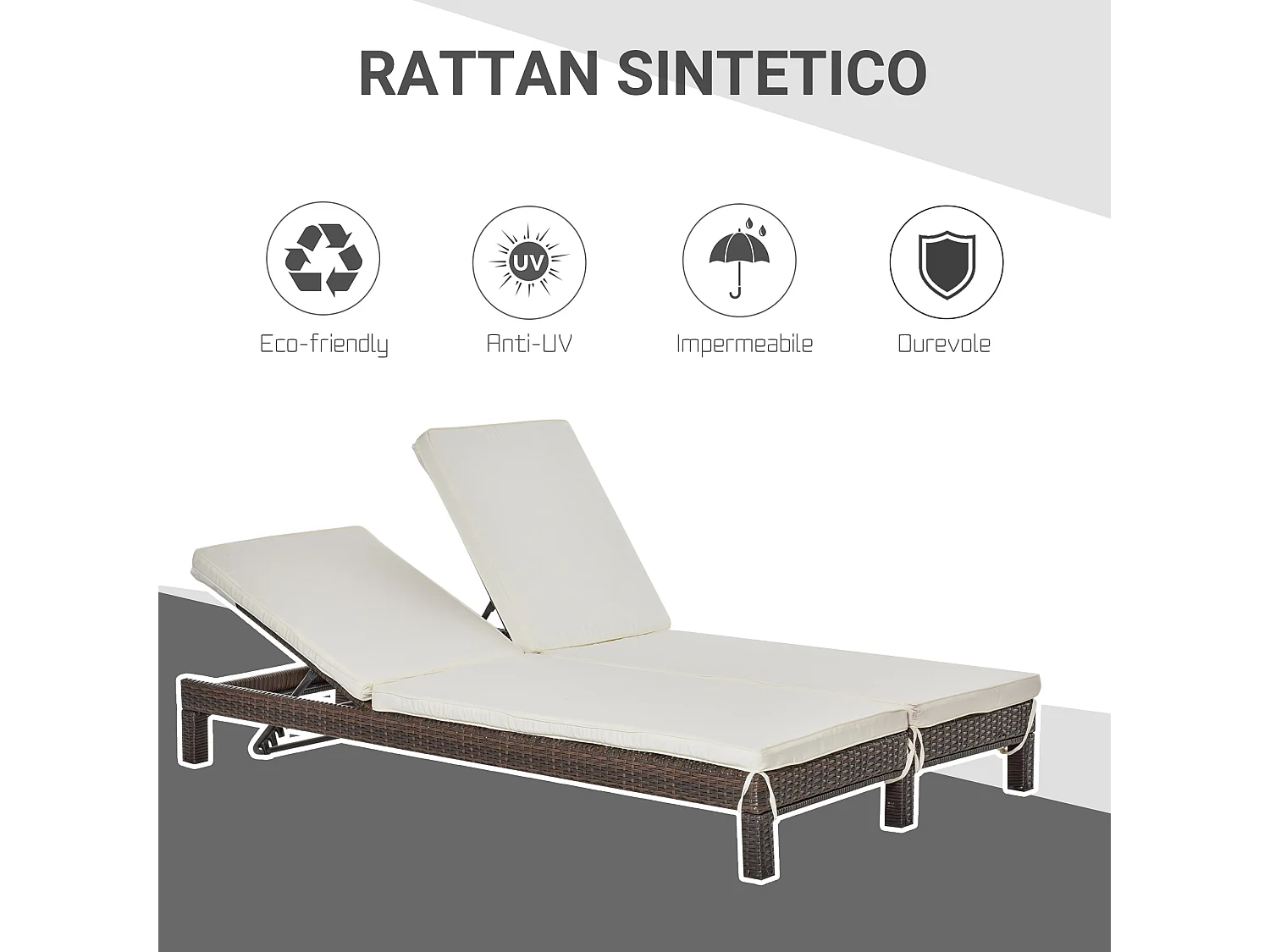 Lettino prendisole a 2 posti sdraio in acciaio e rattan marrone