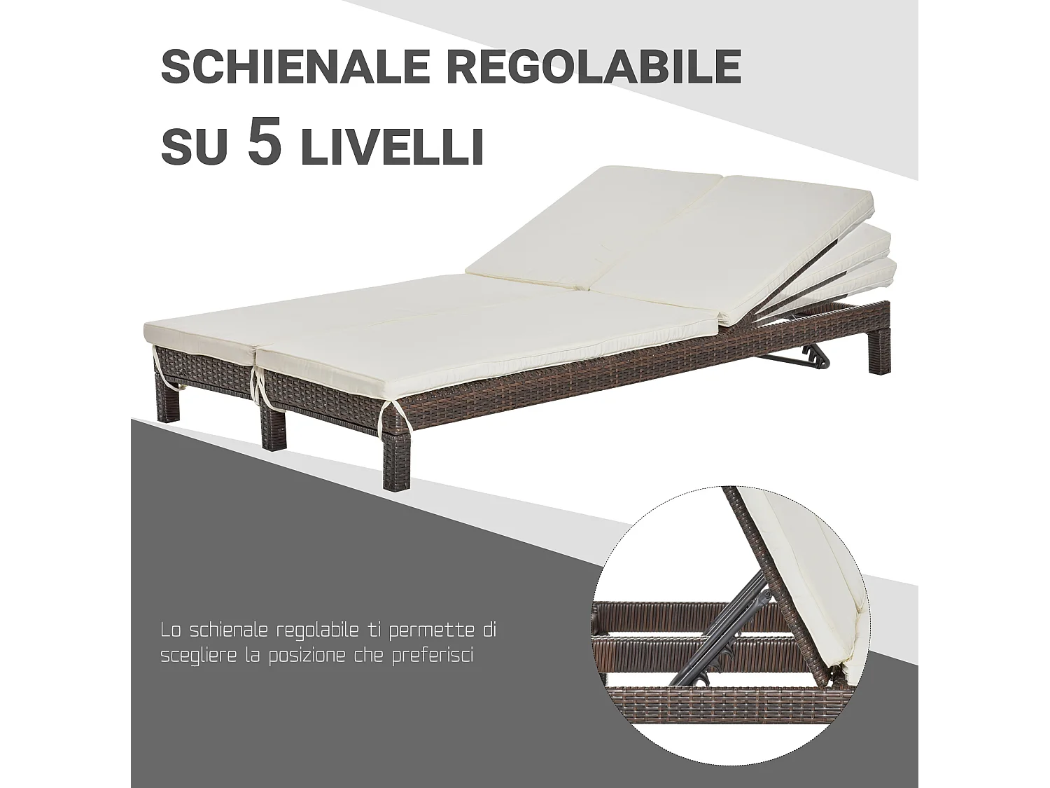 Lettino prendisole a 2 posti sdraio in acciaio e rattan marrone