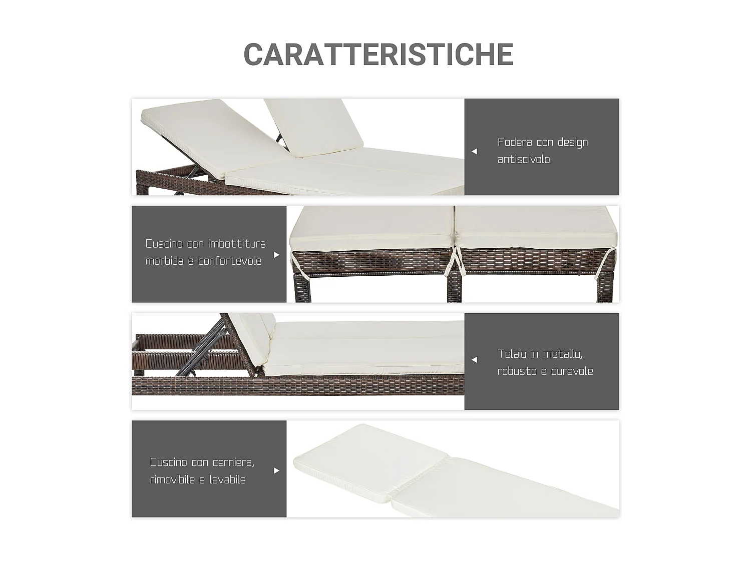 Lettino prendisole a 2 posti sdraio in acciaio e rattan marrone