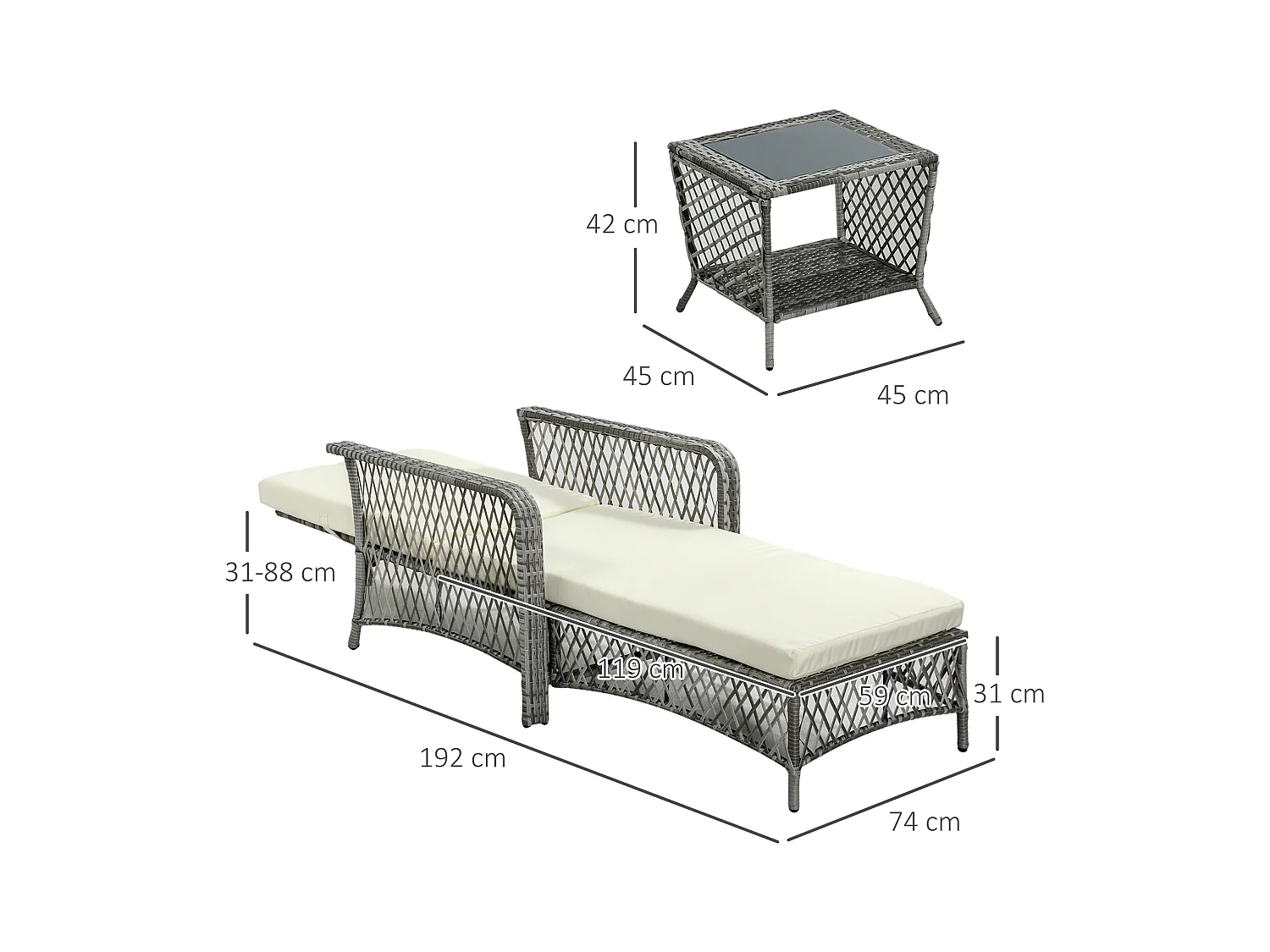 Set da giardino 2 pz in rattan chaise longue e tavolino