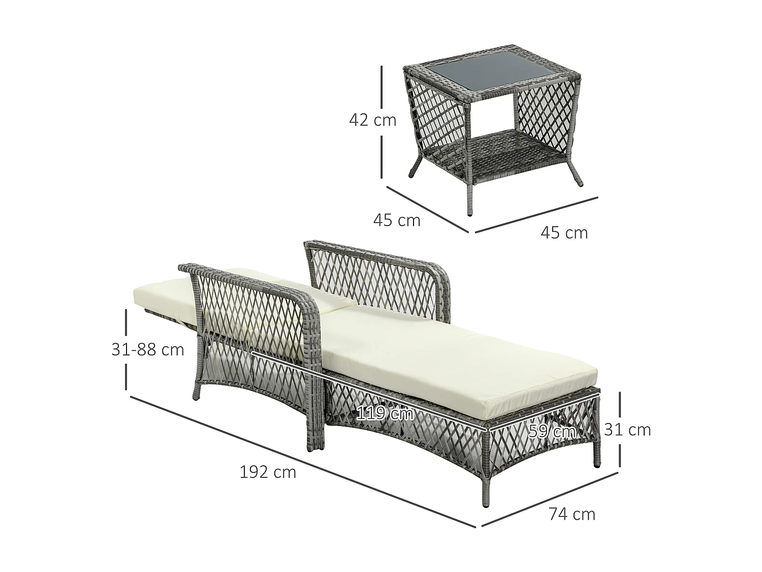 Set da giardino 2 pz in rattan chaise longue e tavolino