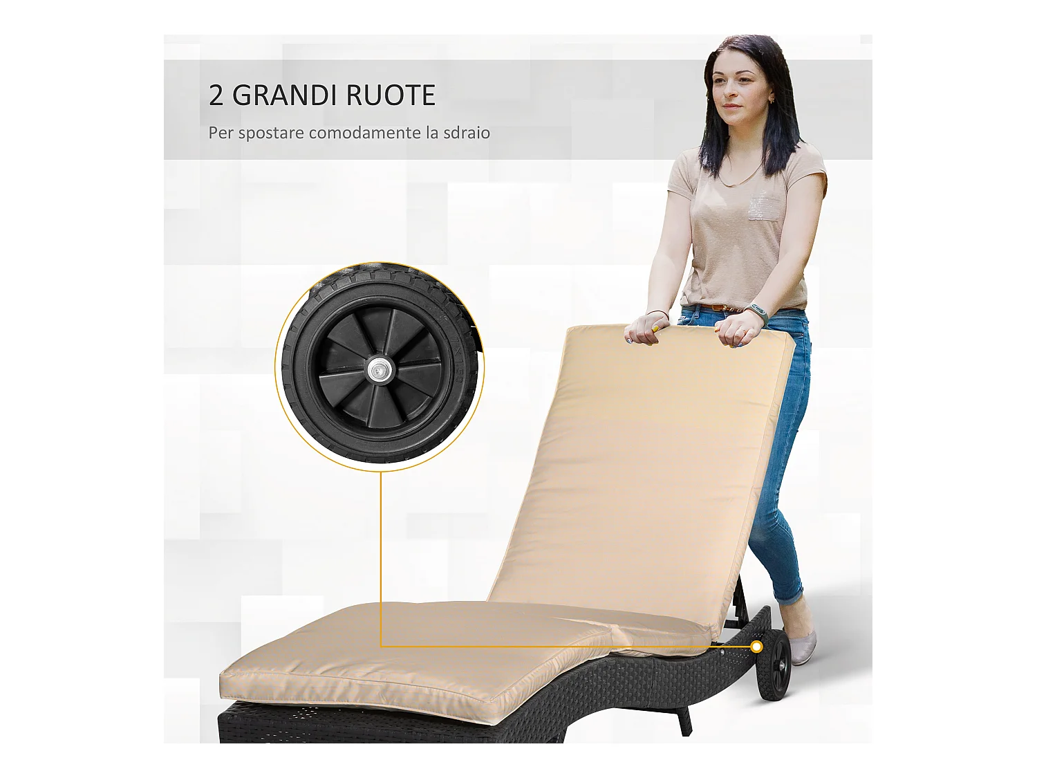 Sdraio da giardino con schienale reclinabile in rattan nero