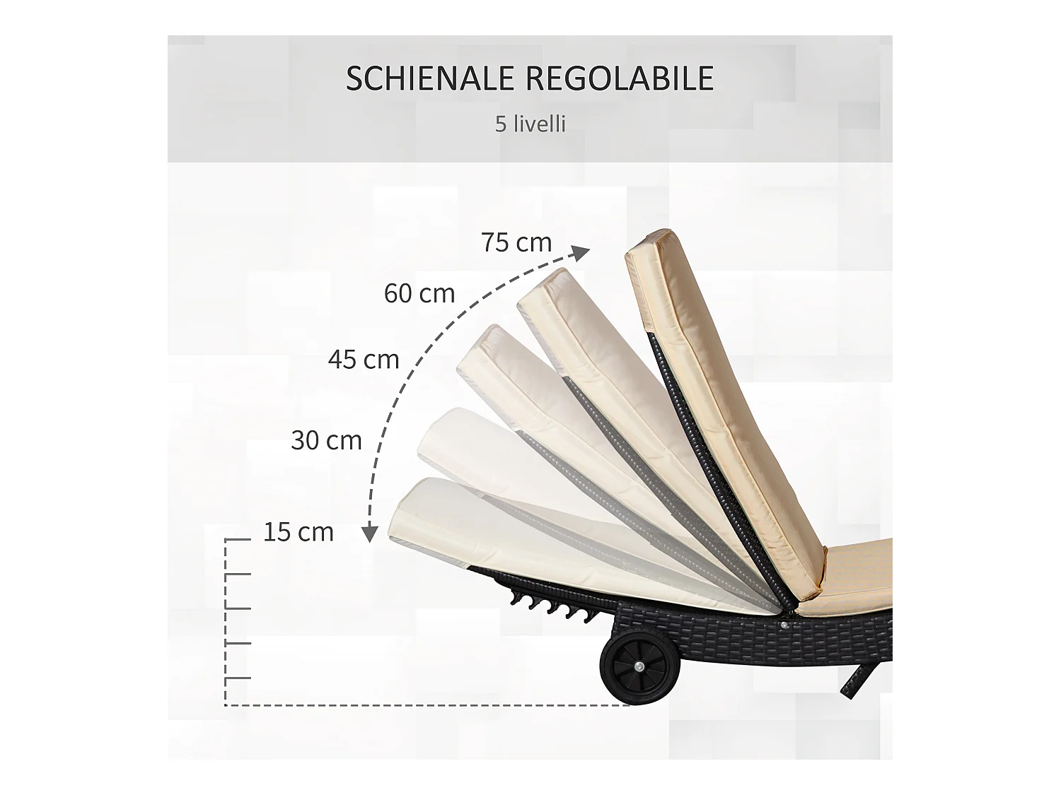 Sdraio da giardino con schienale reclinabile in rattan nero