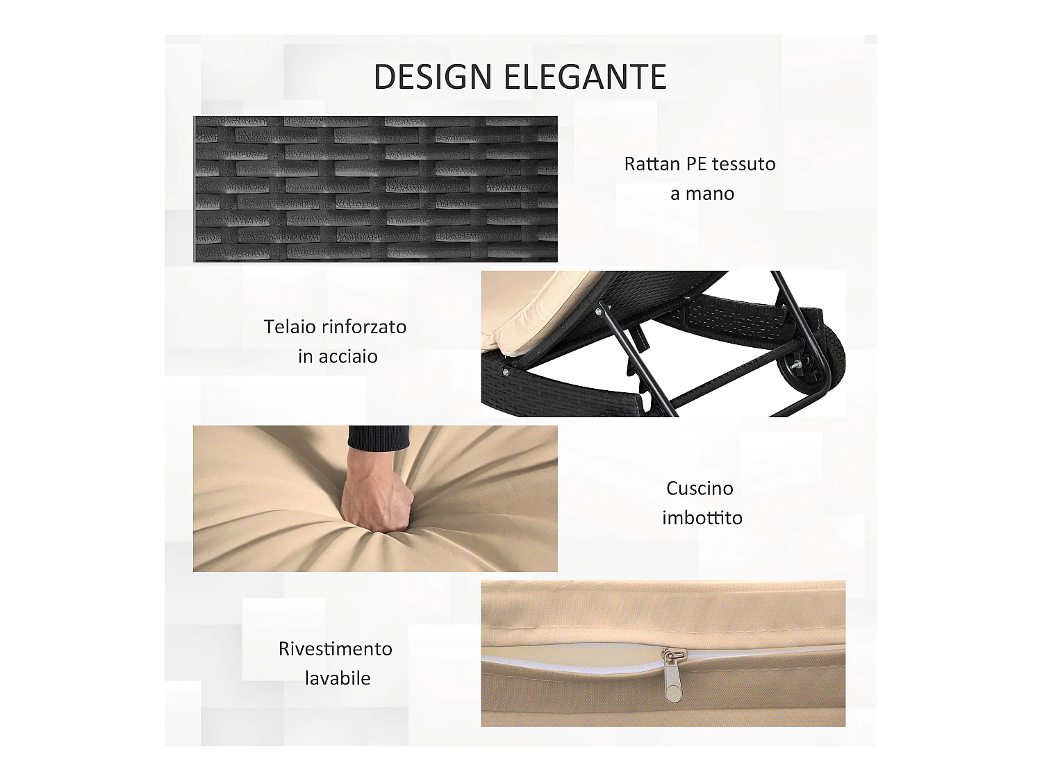 Sdraio da giardino con schienale reclinabile in rattan nero