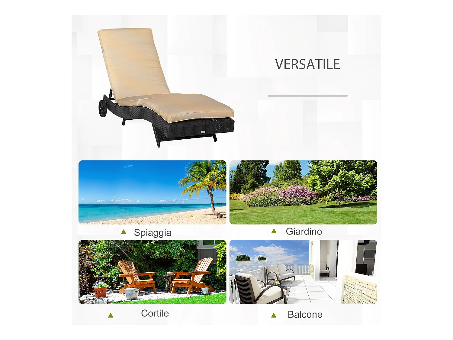 Sdraio da giardino con schienale reclinabile in rattan nero