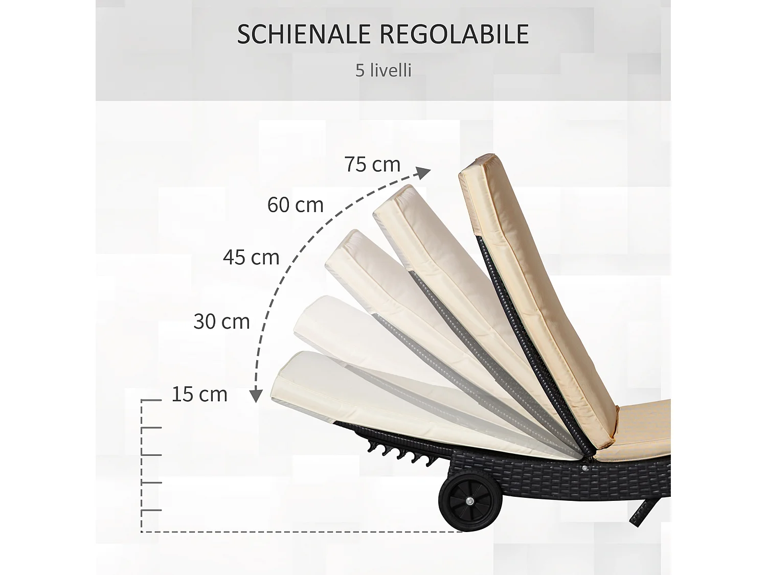 Sdraio da giardino con schienale reclinabile in rattan nero