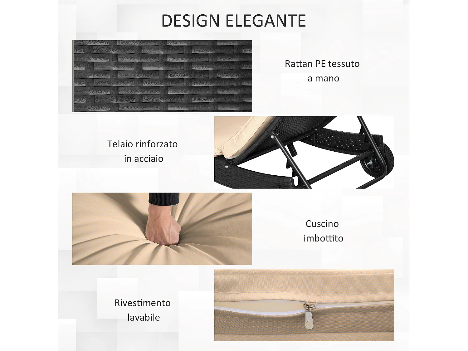 Sdraio da giardino con schienale reclinabile in rattan nero