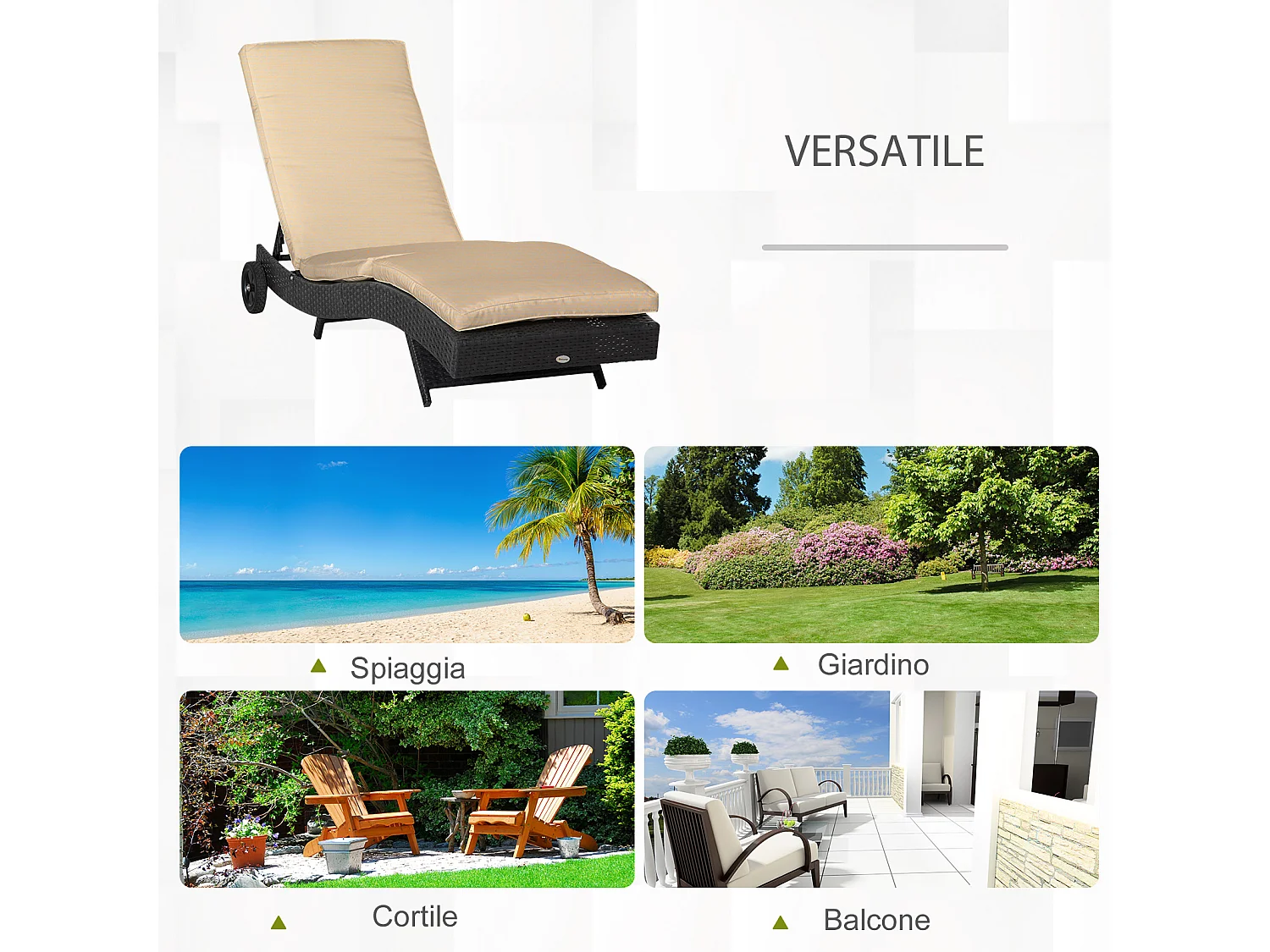 Sdraio da giardino con schienale reclinabile in rattan nero