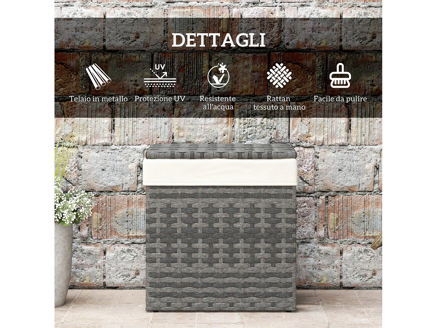 Cesta contenitore da giardino con tessuto in rattan pe grigio