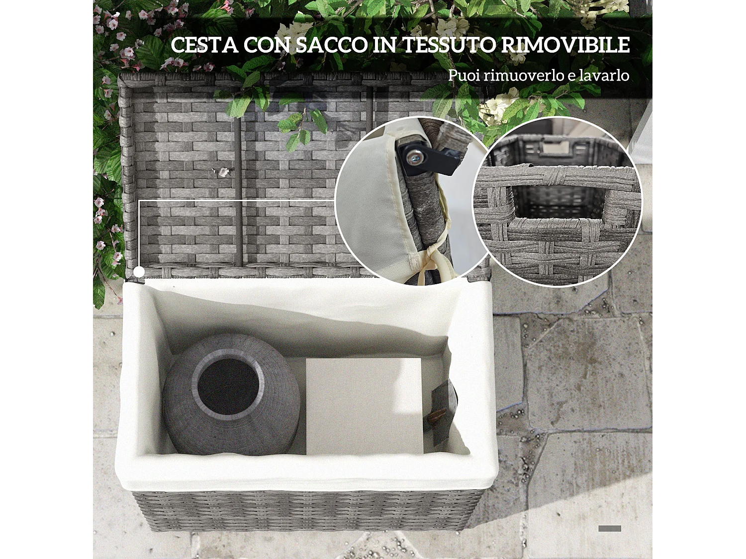 Cesta contenitore da giardino con tessuto in rattan pe grigio