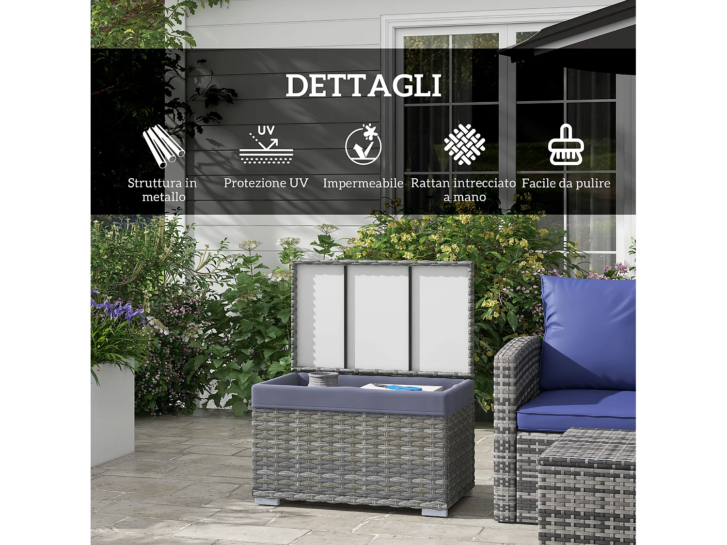 Baule da giardino con sacco interno in tessuto e rattan pe grigio