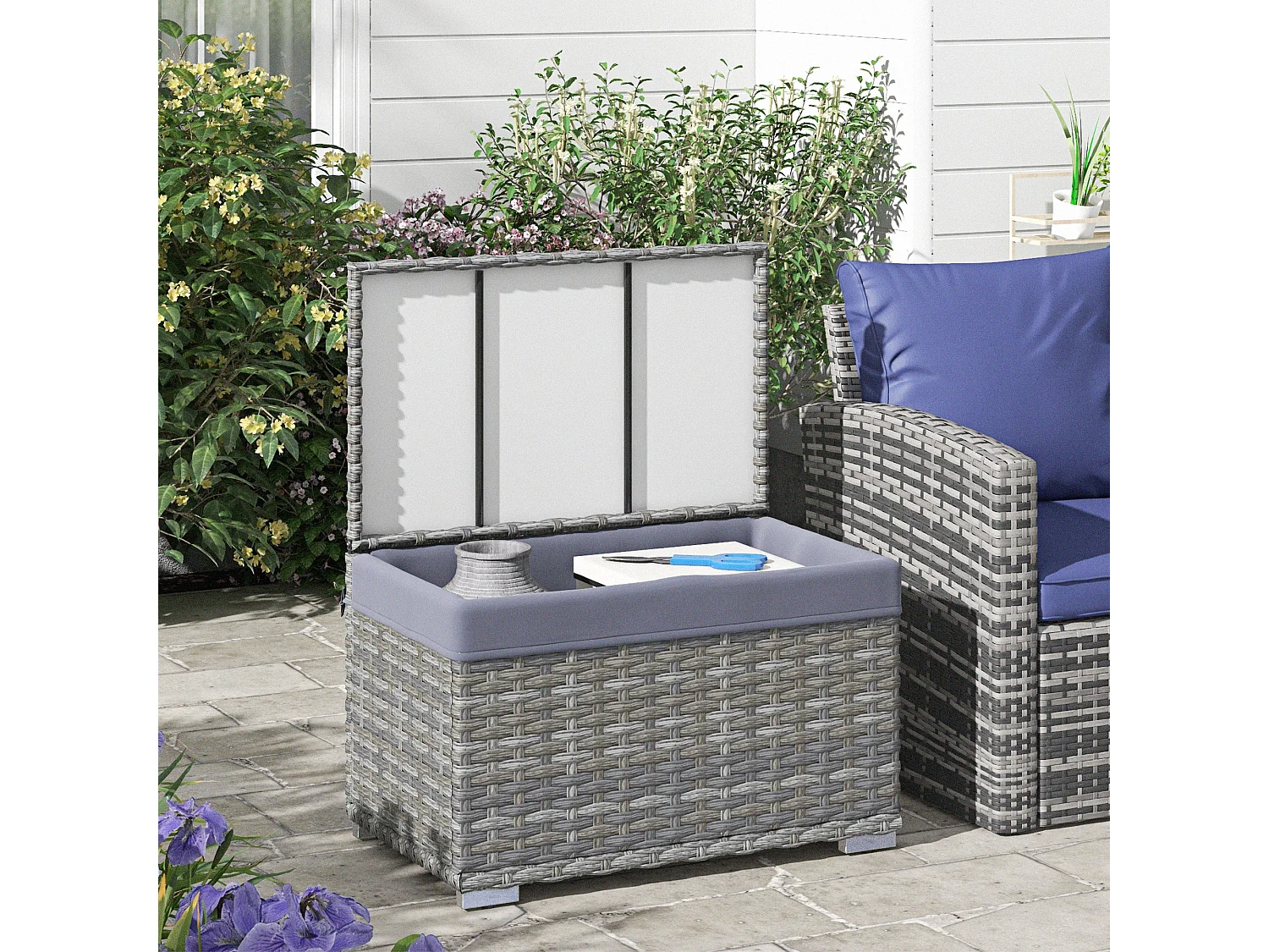 Baule da giardino con sacco interno in tessuto e rattan pe grigio