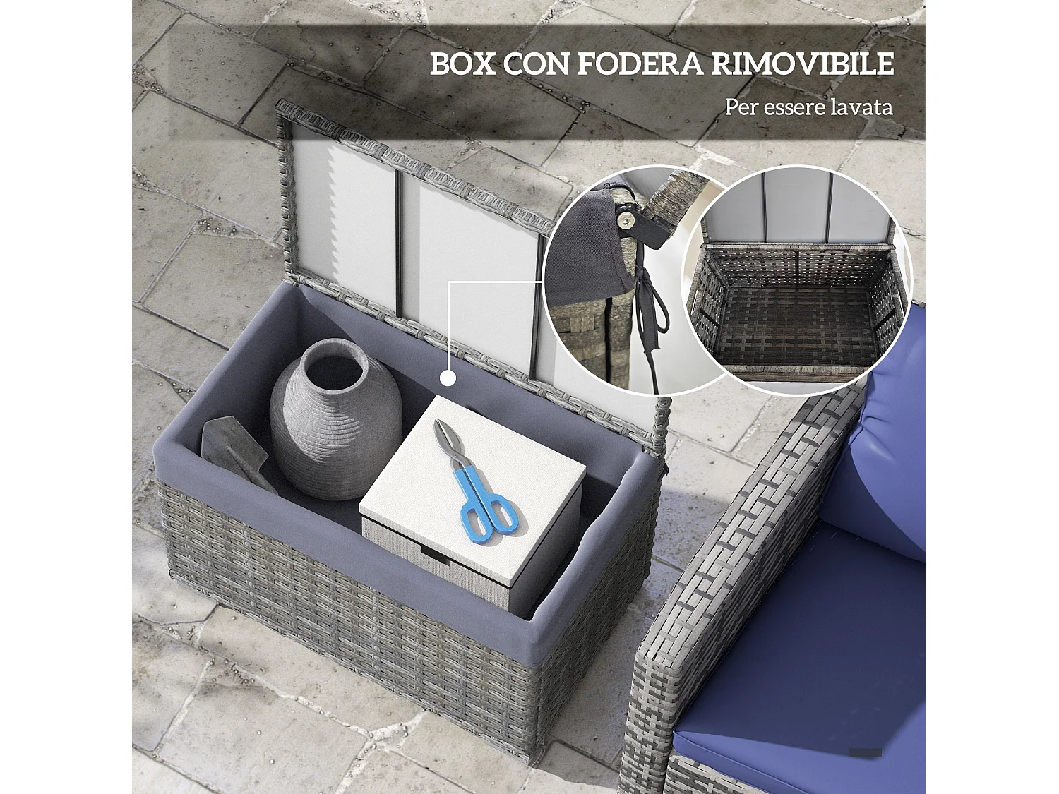 Baule da giardino con sacco interno in tessuto e rattan pe grigio