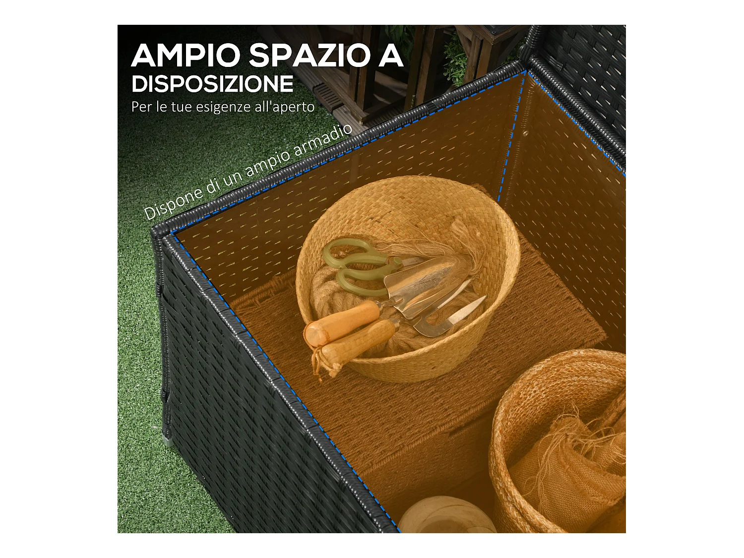 Baule da giardino in rattan e acciaio con coperchio nero