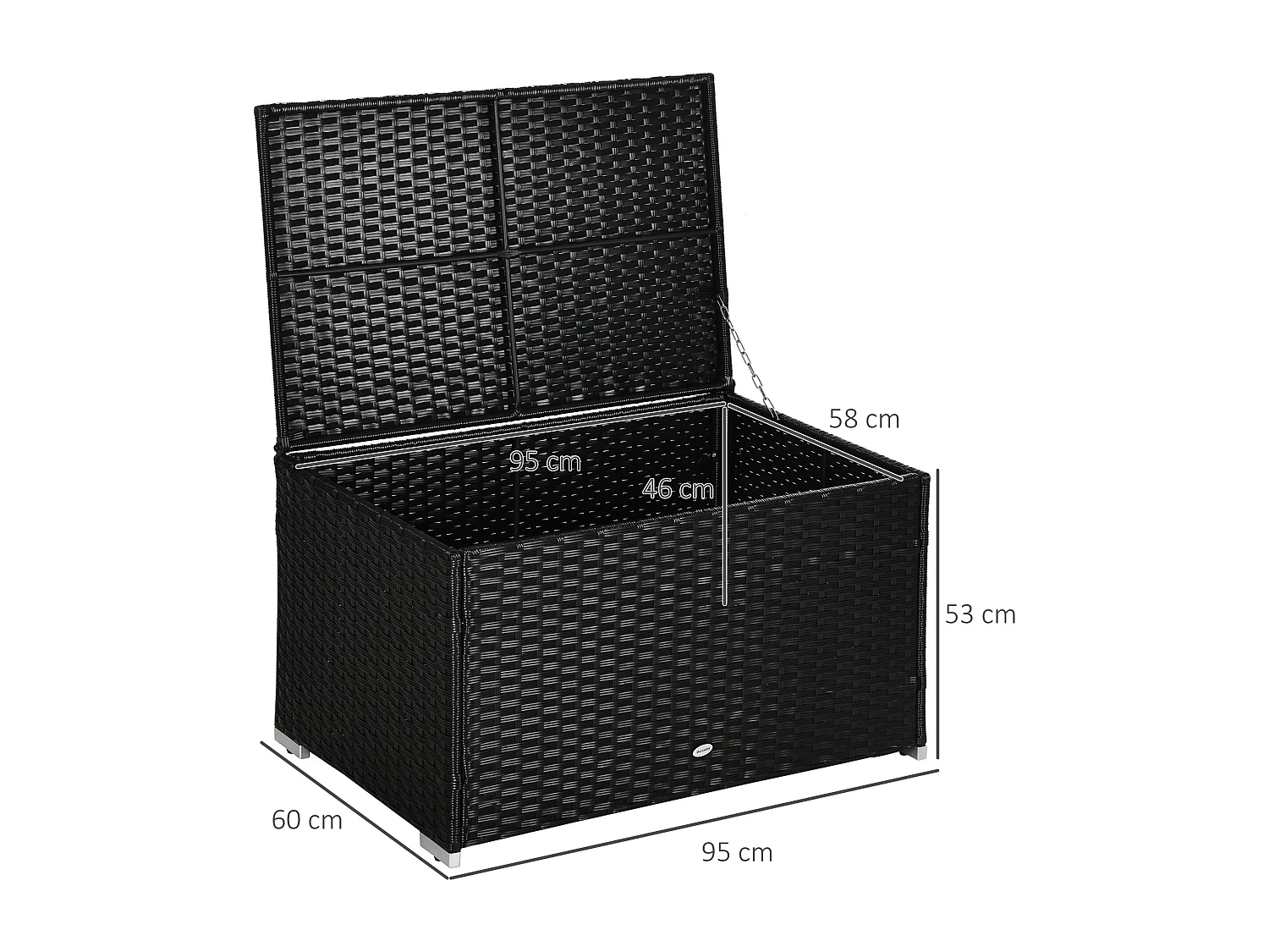 Baule da giardino in rattan e acciaio con coperchio nero
