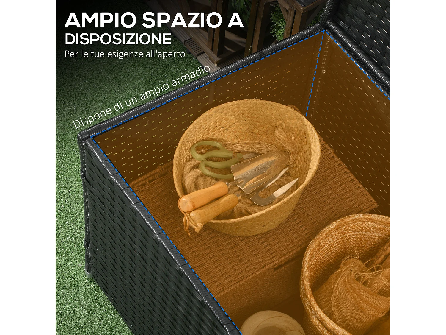 Baule da giardino in rattan e acciaio con coperchio nero