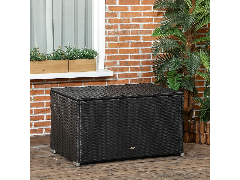 Baule da giardino in rattan e acciaio con coperchio nero