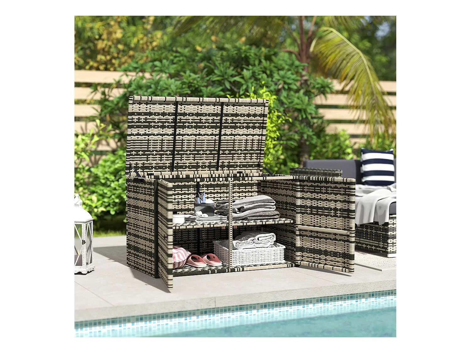 Baule da esterno da 350 litri in rattan pe e acciaio grigio