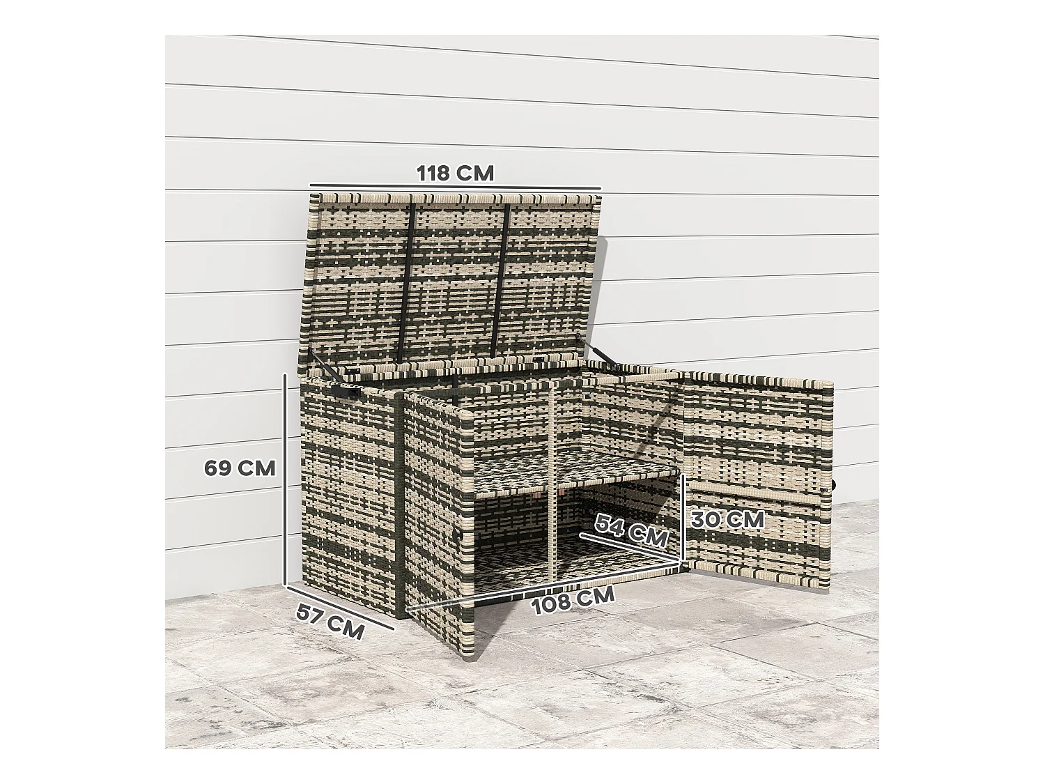 Baule da esterno da 350 litri in rattan pe e acciaio grigio