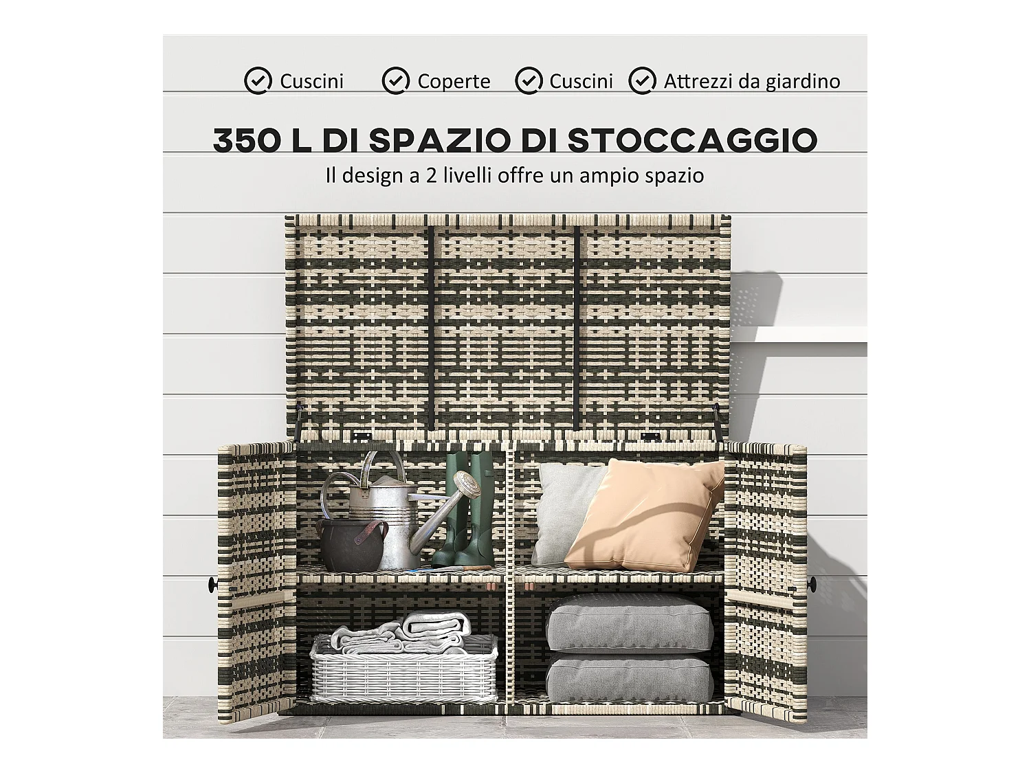 Baule da esterno da 350 litri in rattan pe e acciaio grigio