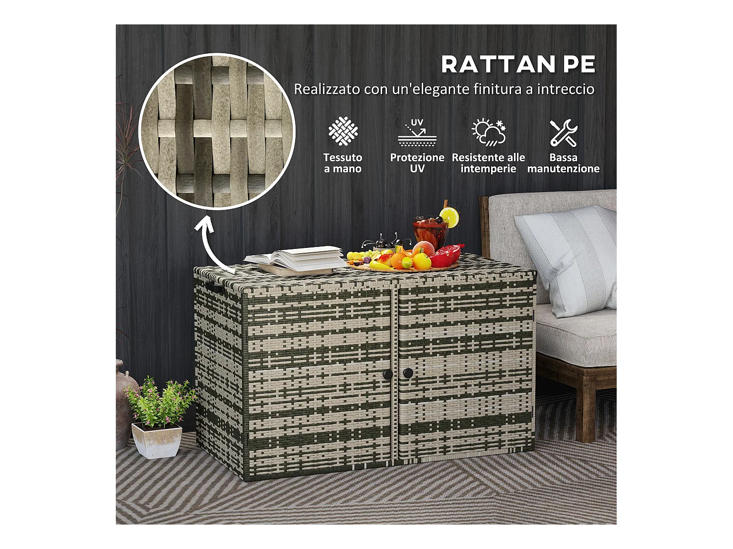 Baule da esterno da 350 litri in rattan pe e acciaio grigio