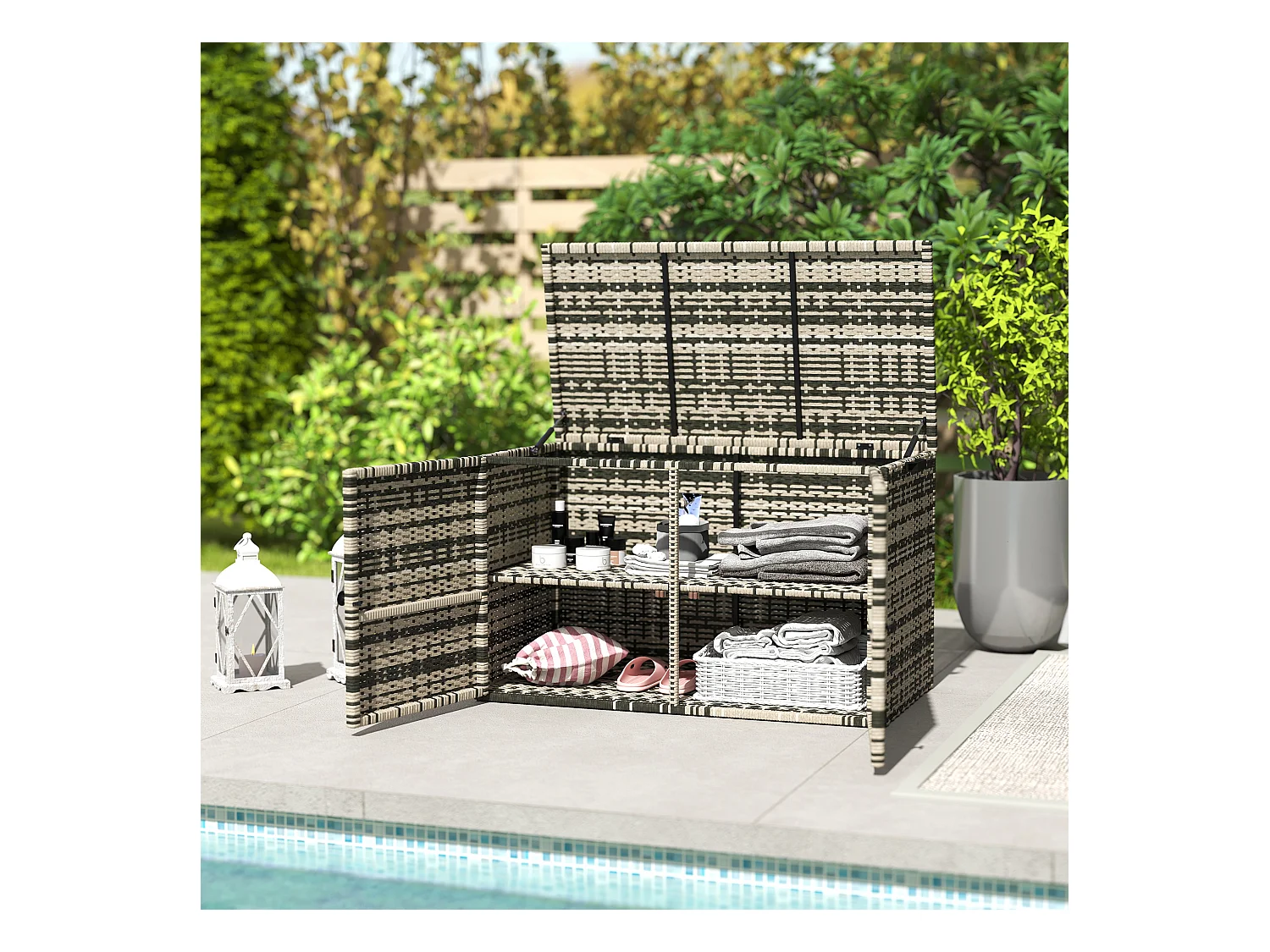 Baule da esterno da 350 litri in rattan pe e acciaio grigio