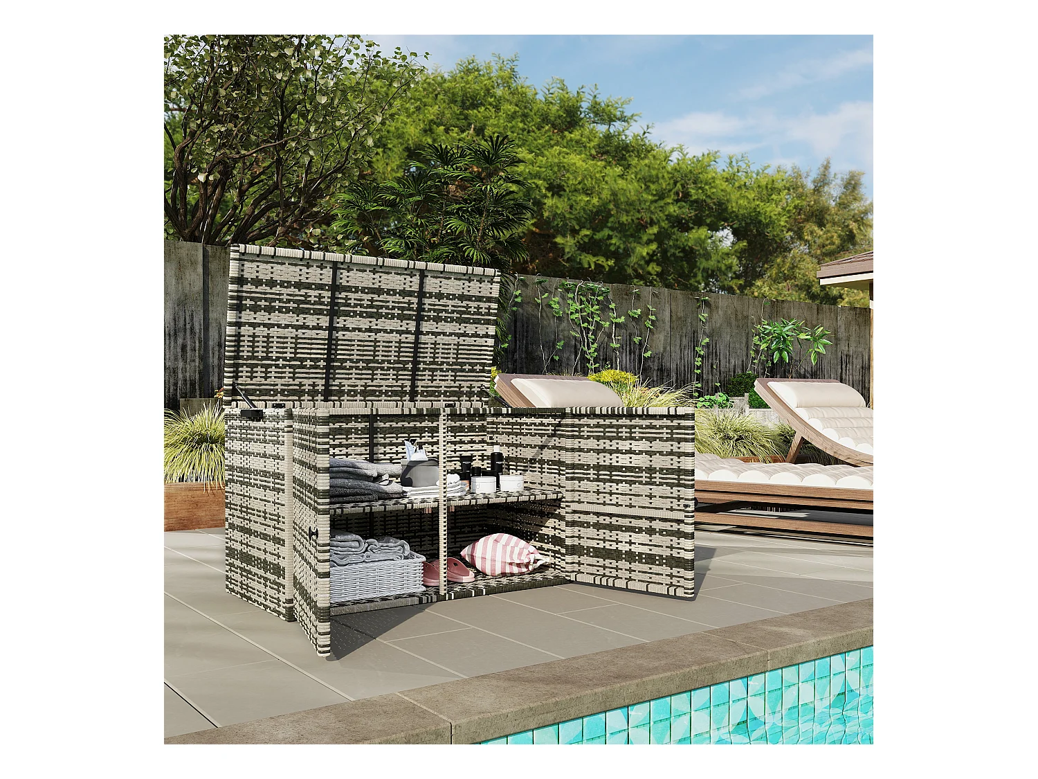 Baule da esterno da 350 litri in rattan pe e acciaio grigio